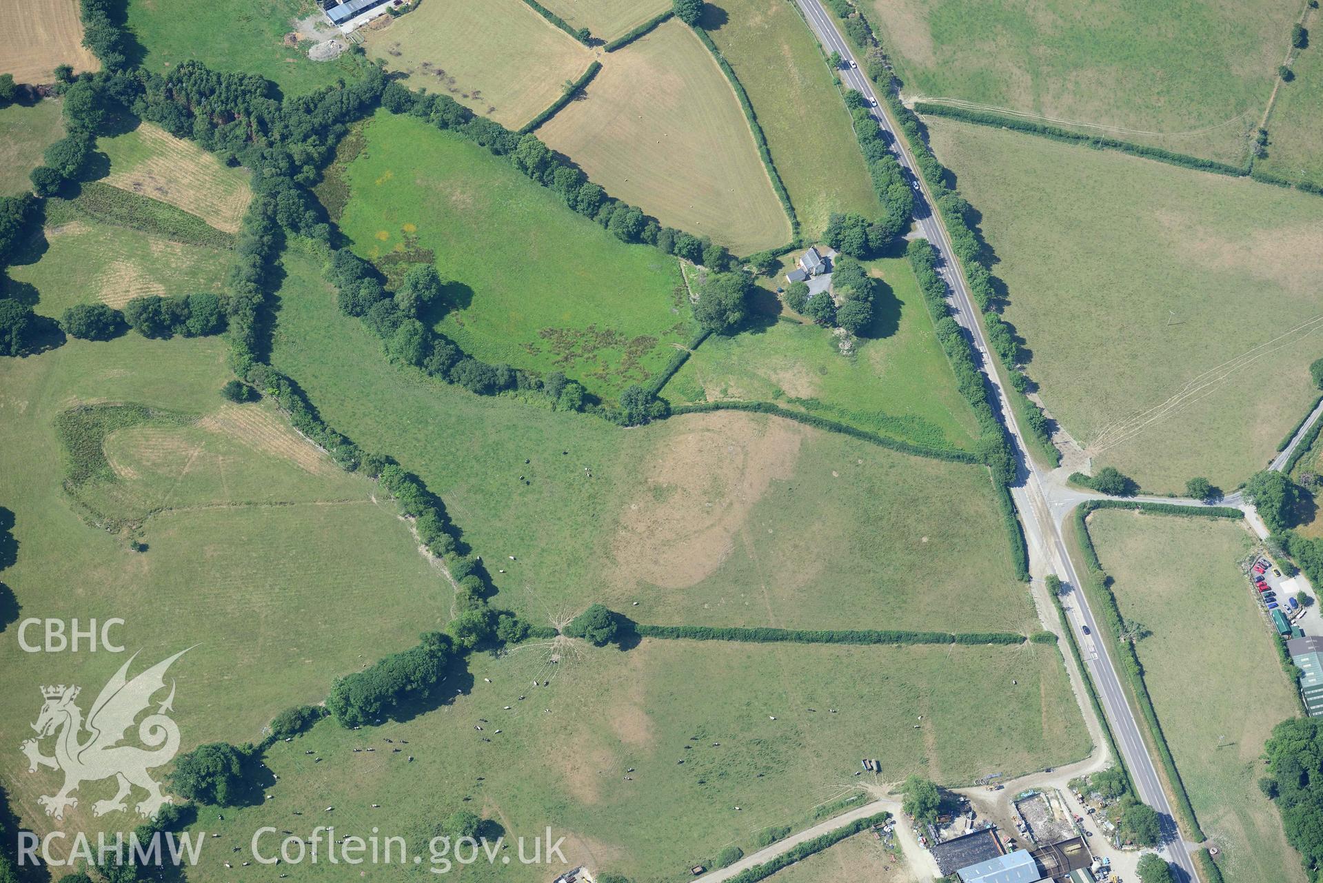 Aerial photograph: Roman road parchmarks at Odyn Fach. Crown: CHERISH PROJECT 2018. Produced with EU funds through the Ireland Wales Co-operation Programme 2014-2020 (NGR: SN646876)