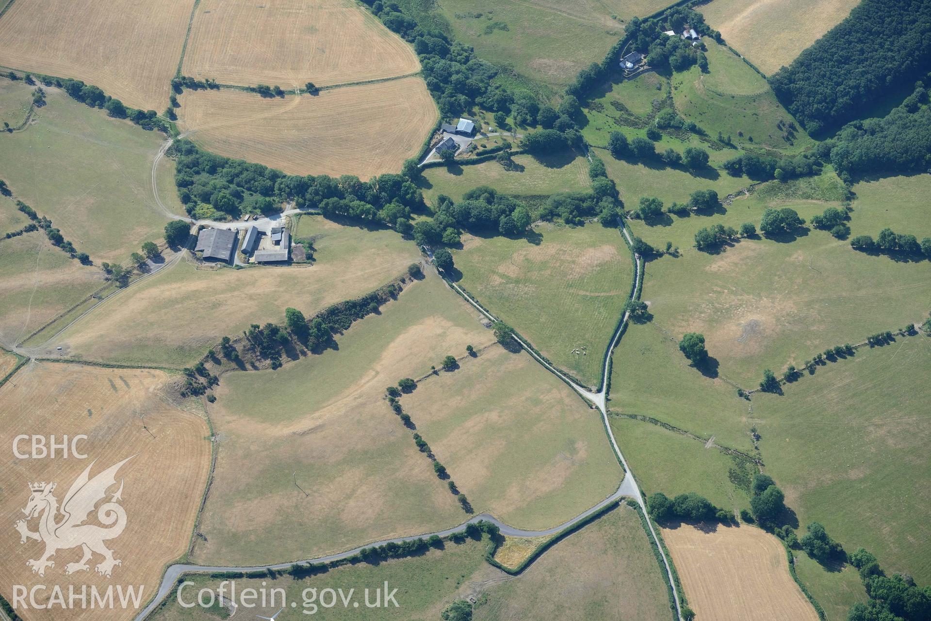 Aerial photograph: Cynnull-Mawr defended enclosure. Crown: CHERISH PROJECT 2018. Produced with EU funds through the Ireland Wales Co-operation Programme 2014-2020 (NGR: SN653875)