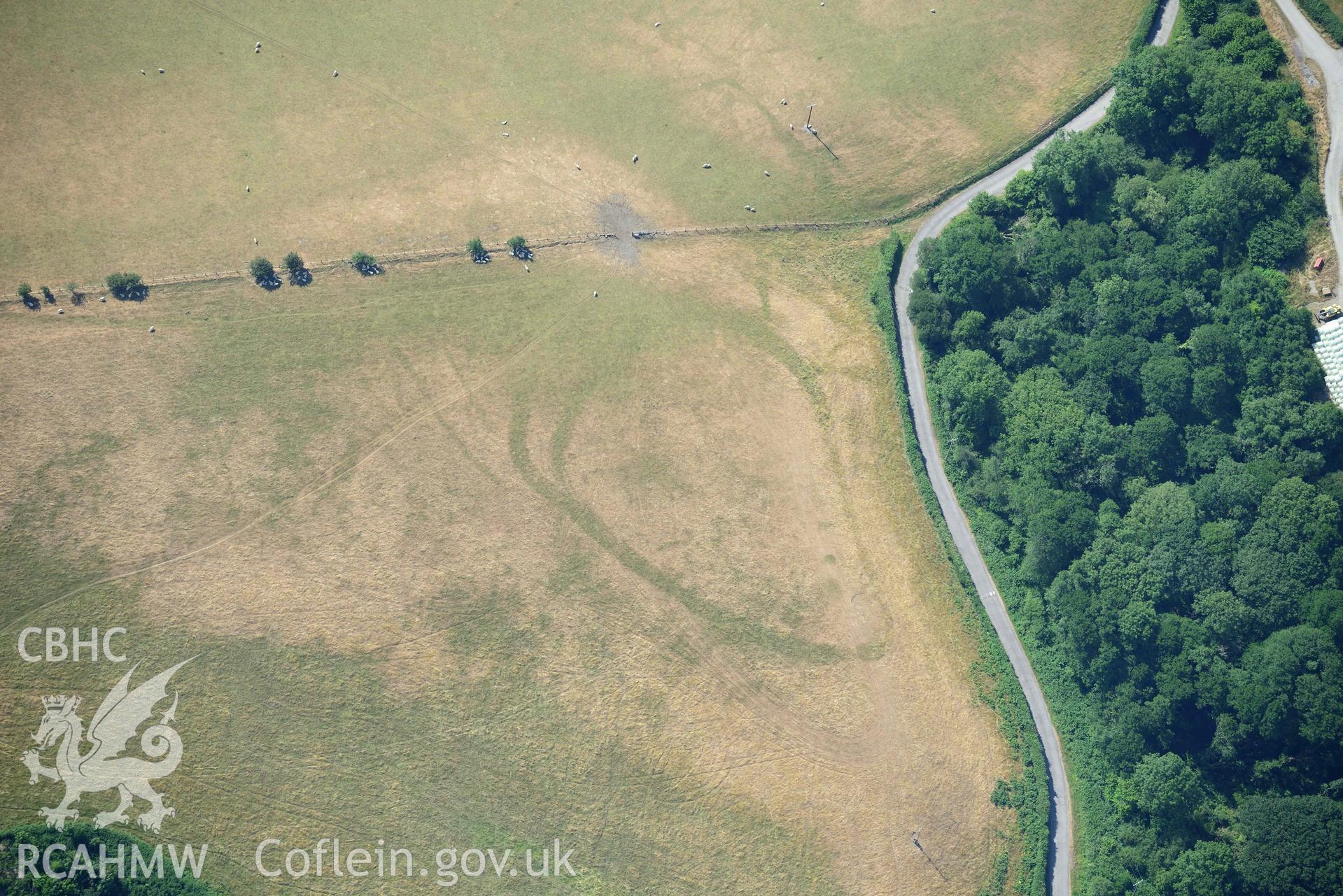 Aerial photograph: Glan Fred defended enclosure. Crown: CHERISH PROJECT 2018. Produced with EU funds through the Ireland Wales Co-operation Programme 2014-2020 (NGR: SN634878)