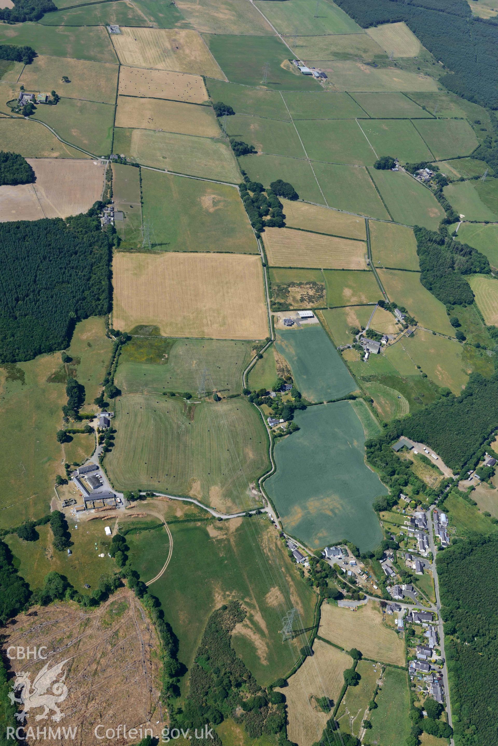 Aerial photograph: Glasinfryn, cropmarks near Waen-Wen. Crown: CHERISH PROJECT 2018. Produced with EU funds through the Ireland Wales Co-operation Programme 2014-2020 (NGR: SH579686)