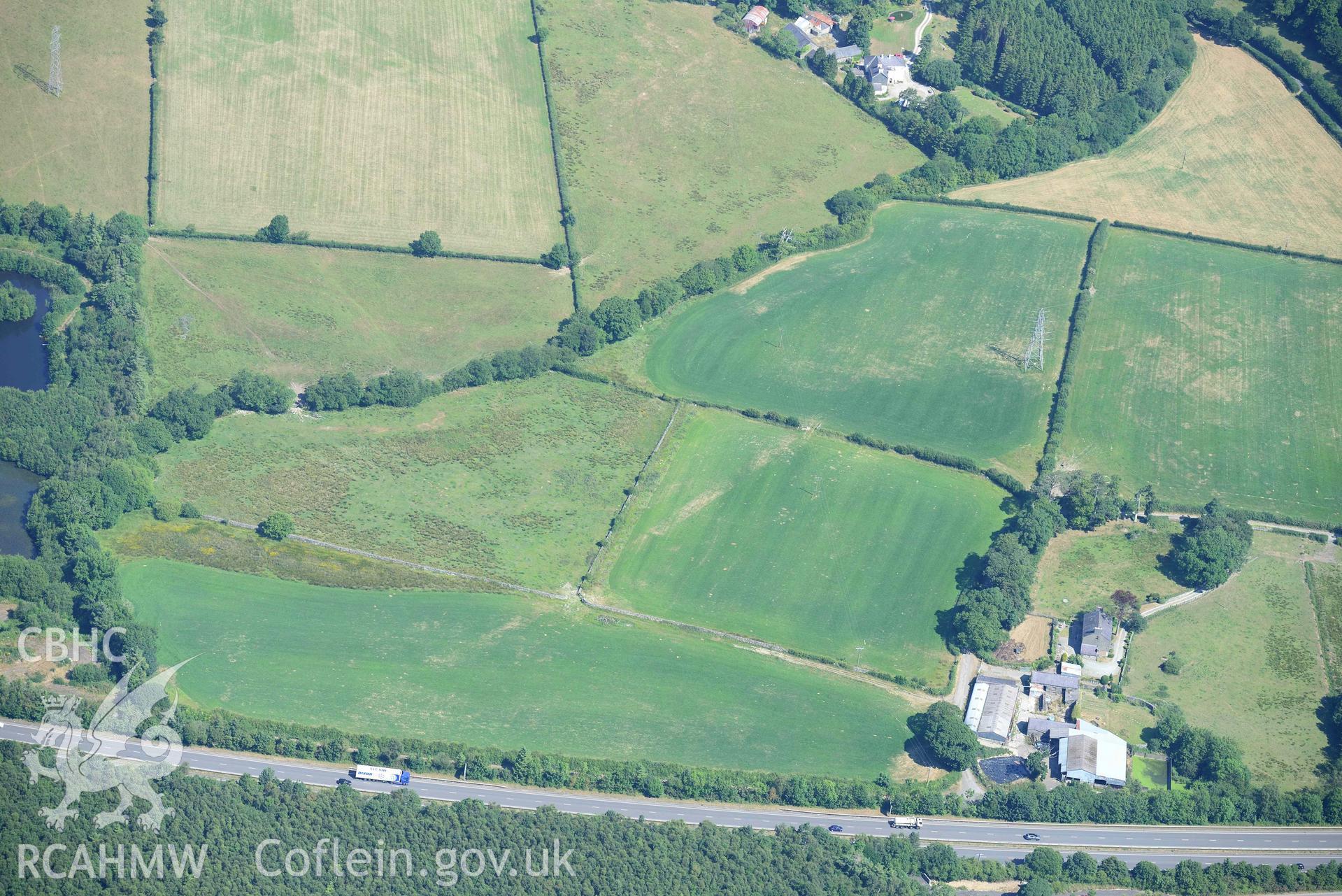 Aerial photograph: Section of Roman road passing through Glasynfryn Farm, Glasinfryn. Crown: CHERISH PROJECT 2018. Produced with EU funds through the Ireland Wales Co-operation Programme 2014-2020 (NGR: SH582692)