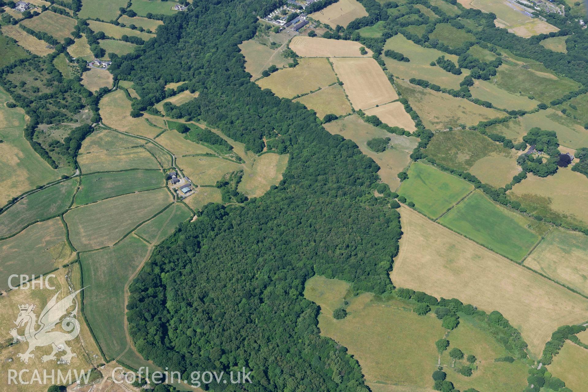 Aerial photograph: Roman road - line passing through Cae-mawr, view from northeast. Crown: CHERISH PROJECT 2018. Produced with EU funds through the Ireland Wales Co-operation Programme 2014-2020 (NGR: SH495594)