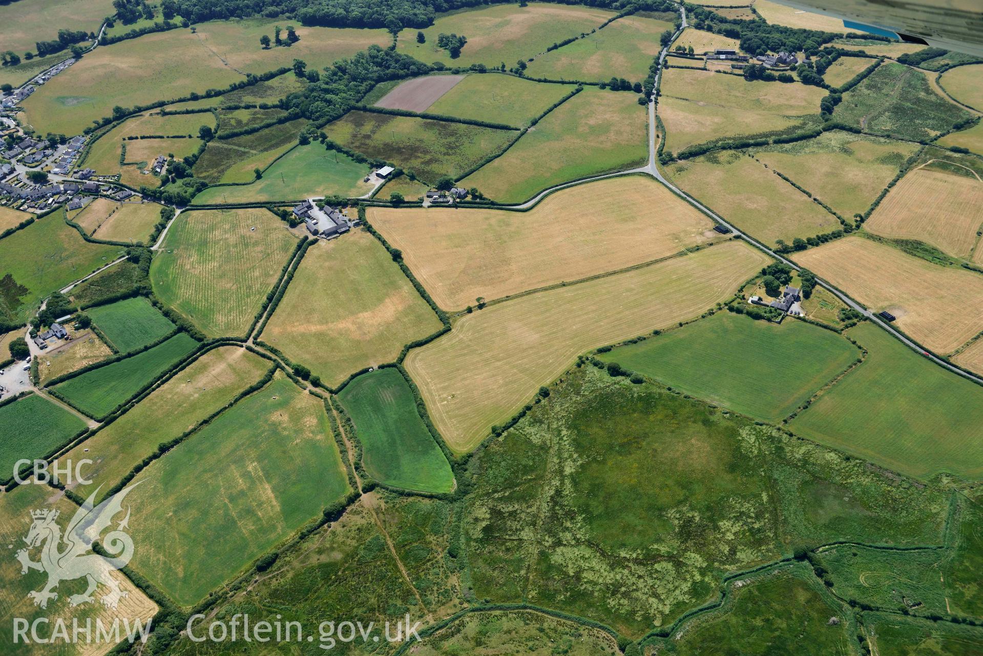 Aerial photograph: Taigwynion, cropmarks of early fields. Crown: CHERISH PROJECT 2018. Produced with EU funds through the Ireland Wales Co-operation Programme 2014-2020 (NGR: SH446561)