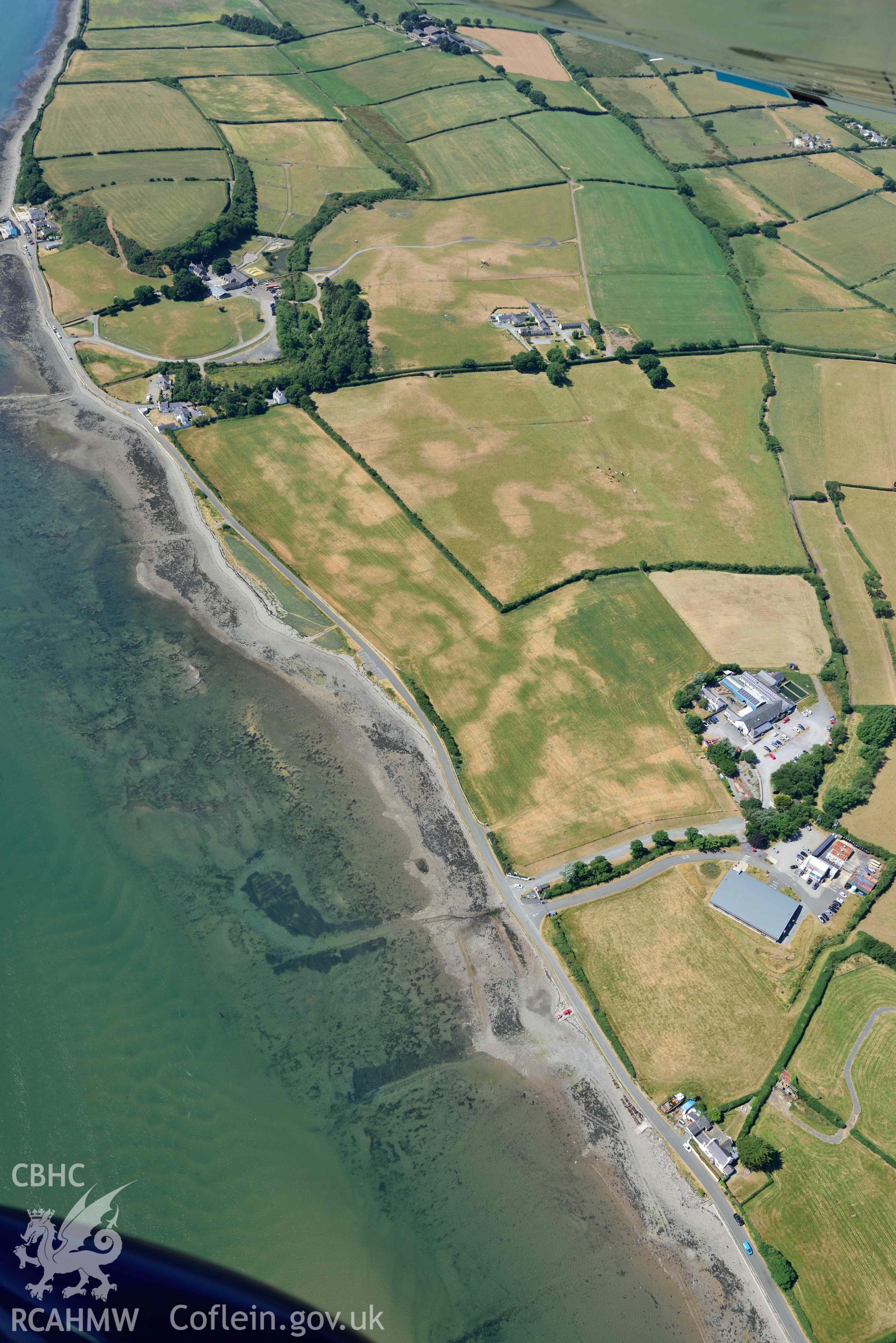 Aerial photograph: Tai Cochion Roman settlement, parchmarks. Crown: CHERISH PROJECT 2018. Produced with EU funds through the Ireland Wales Co-operation Programme 2014-2020 (NGR: SH479656)