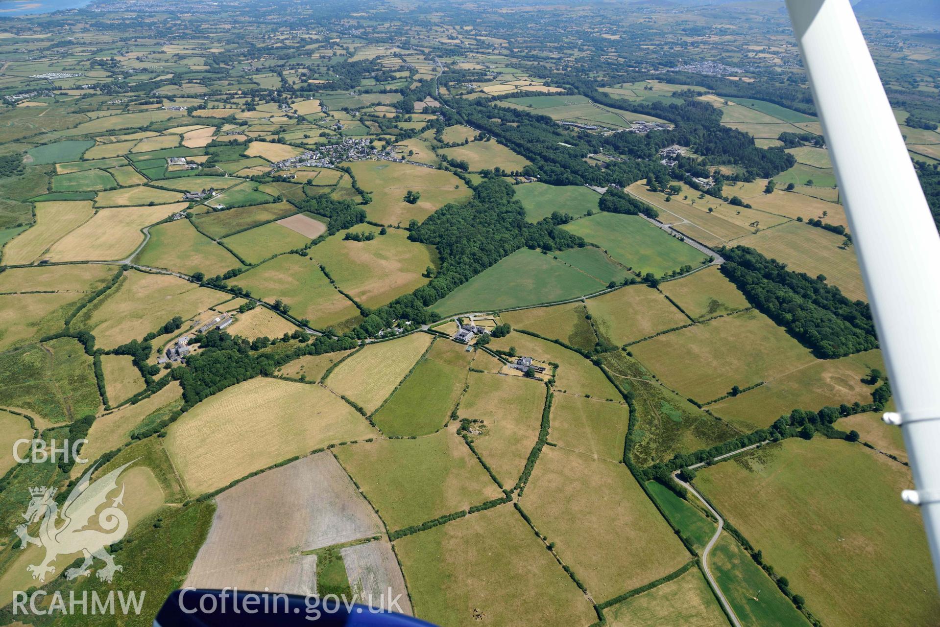 Aerial photograph: Enclosure south of Wern-Bach, with cropmarks. Crown: CHERISH PROJECT 2018. Produced with EU funds through the Ireland Wales Co-operation Programme 2014-2020 (NGR: SH441534)