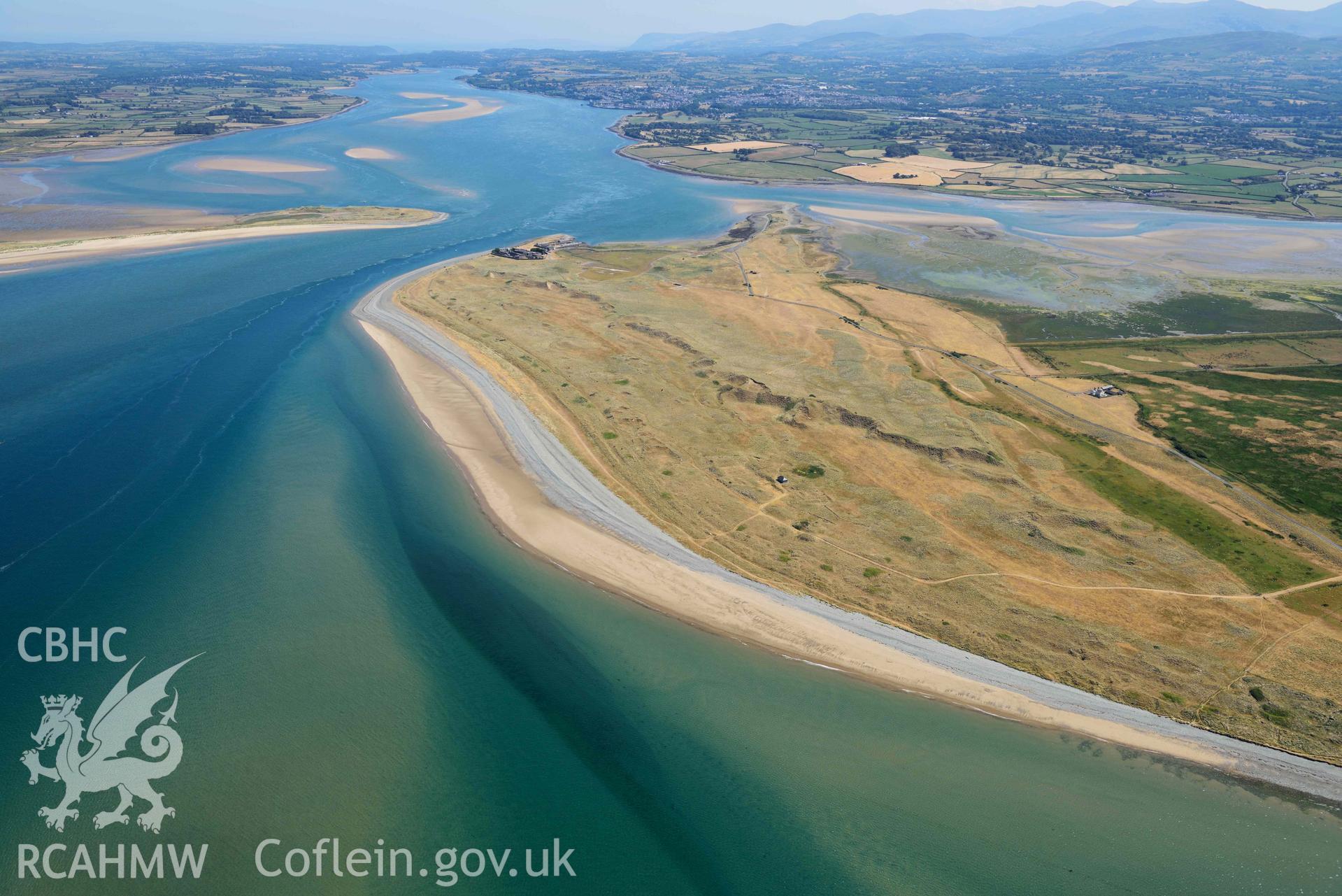 Aerial photograph: Fort Belan and Abermenai Point, summer landscape from west. Crown: CHERISH PROJECT 2018. Produced with EU funds through the Ireland Wales Co-operation Programme 2014-2020 (NGR: SH440609)