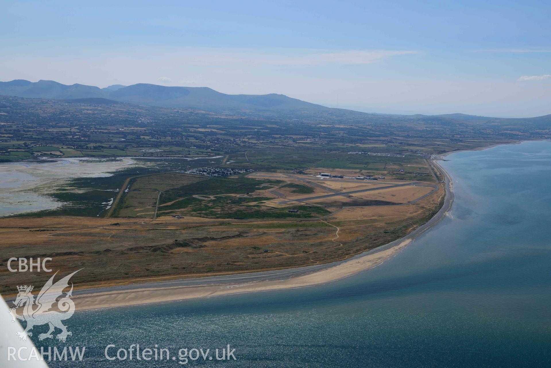 Aerial photograph: Caernarfon Airport, summer landscape from north. Crown: CHERISH PROJECT 2018. Produced with EU funds through the Ireland Wales Co-operation Programme 2014-2020 (NGR: SH435590)