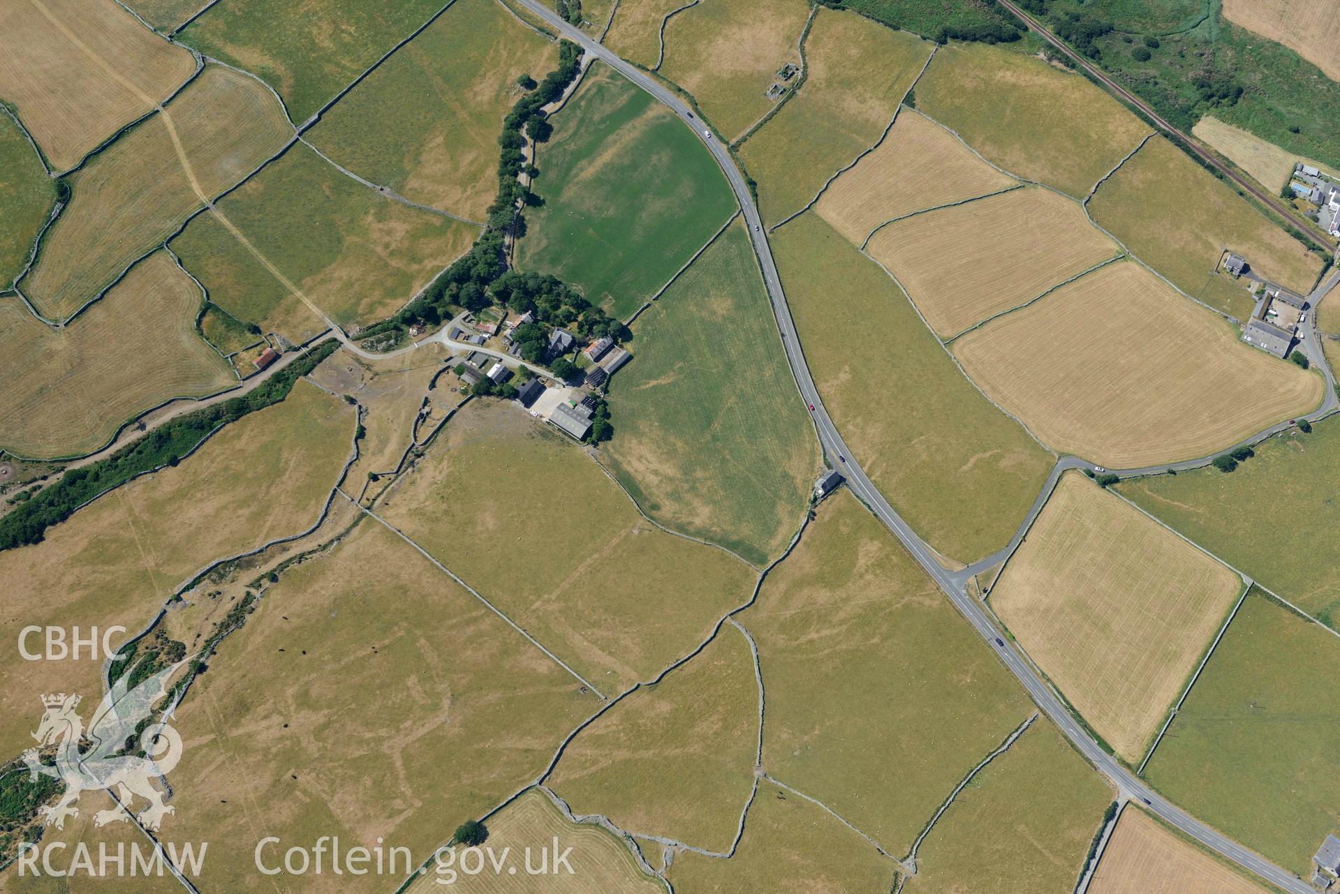 Aerial photograph: Egryn Abbey, with parchmarks of former fields. Crown: CHERISH PROJECT 2018. Produced with EU funds through the Ireland Wales Co-operation Programme 2014-2020 (NGR: SH595203)