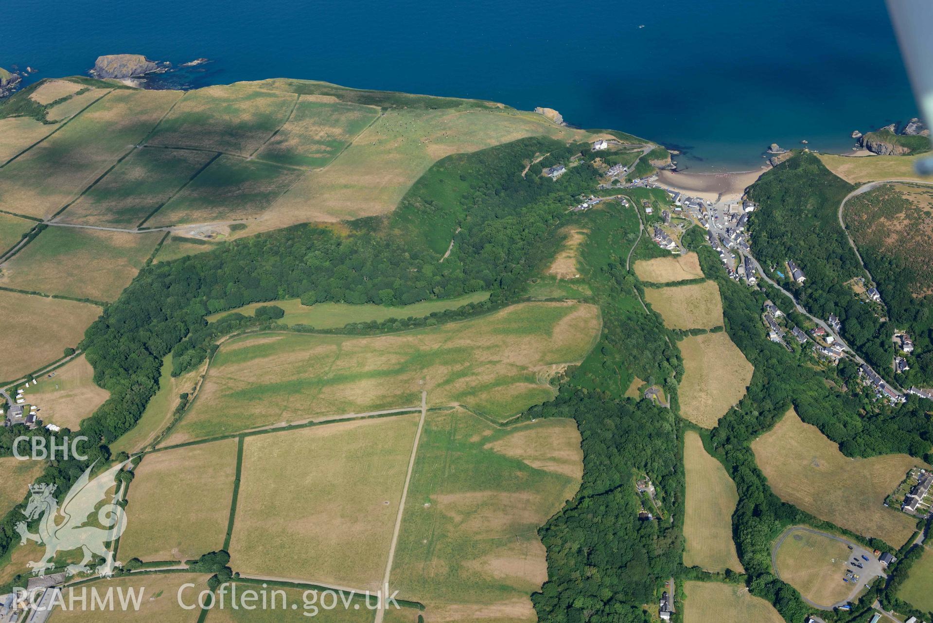 Aerial photograph: Craig Pentre ridge fort, and Llangrannog. Crown: CHERISH PROJECT 2018. Produced with EU funds through the Ireland Wales Co-operation Programme 2014-2020 (NGR: SN311538)