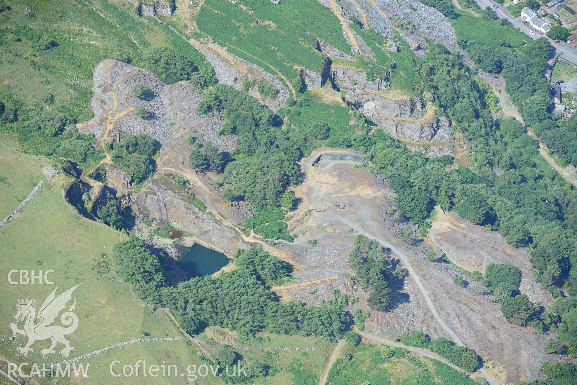 Aerial photograph: Friog Slate Quarry. Crown: CHERISH PROJECT 2018. Produced with EU funds through the Ireland Wales Co-operation Programme 2014-2020 (NGR: SH620121)