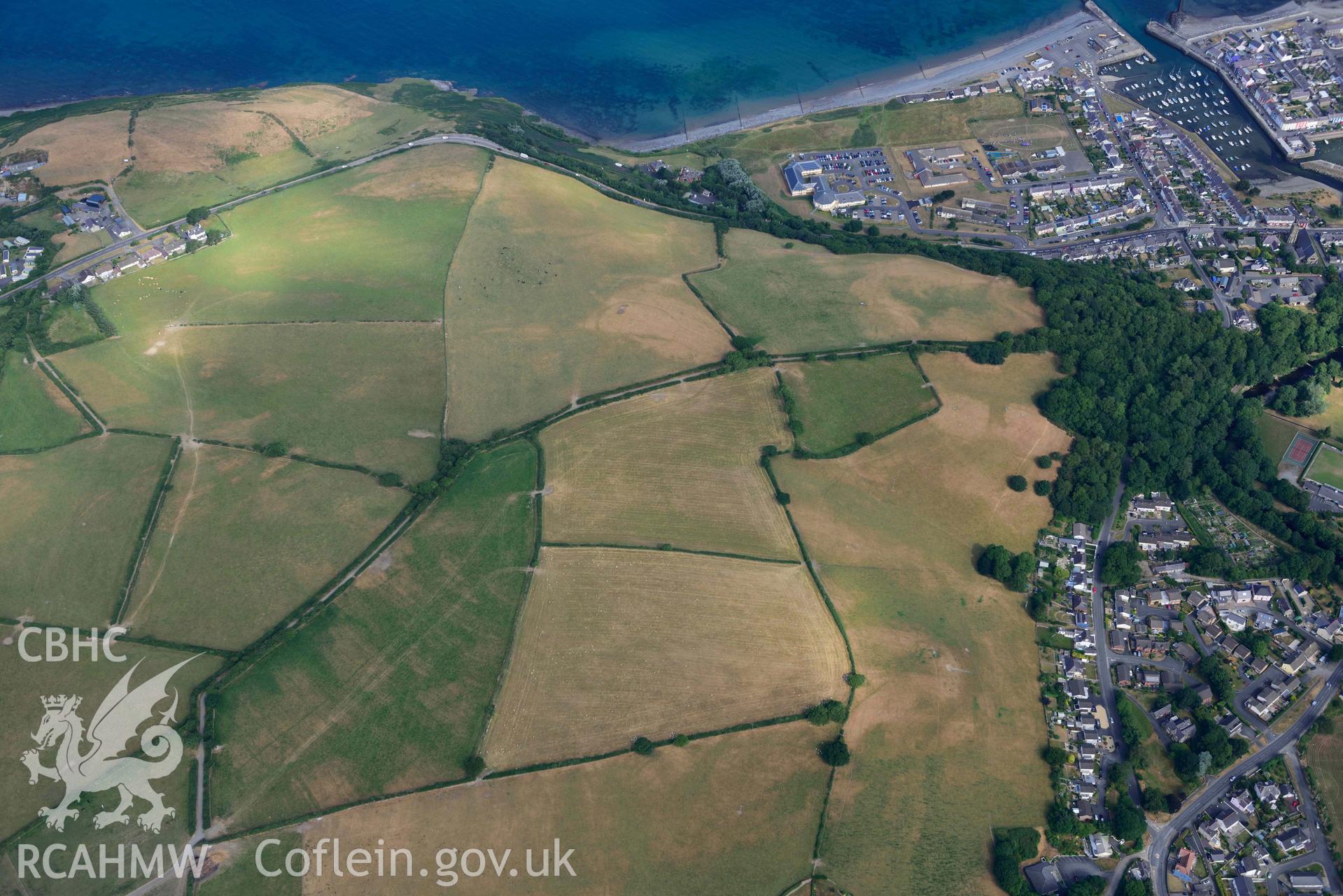 Aerial photograph: Pant-teg defended enclosure cropmarks. Crown: CHERISH PROJECT 2018. Produced with EU funds through the Ireland Wales Co-operation Programme 2014-2020 (NGR: SN453622)