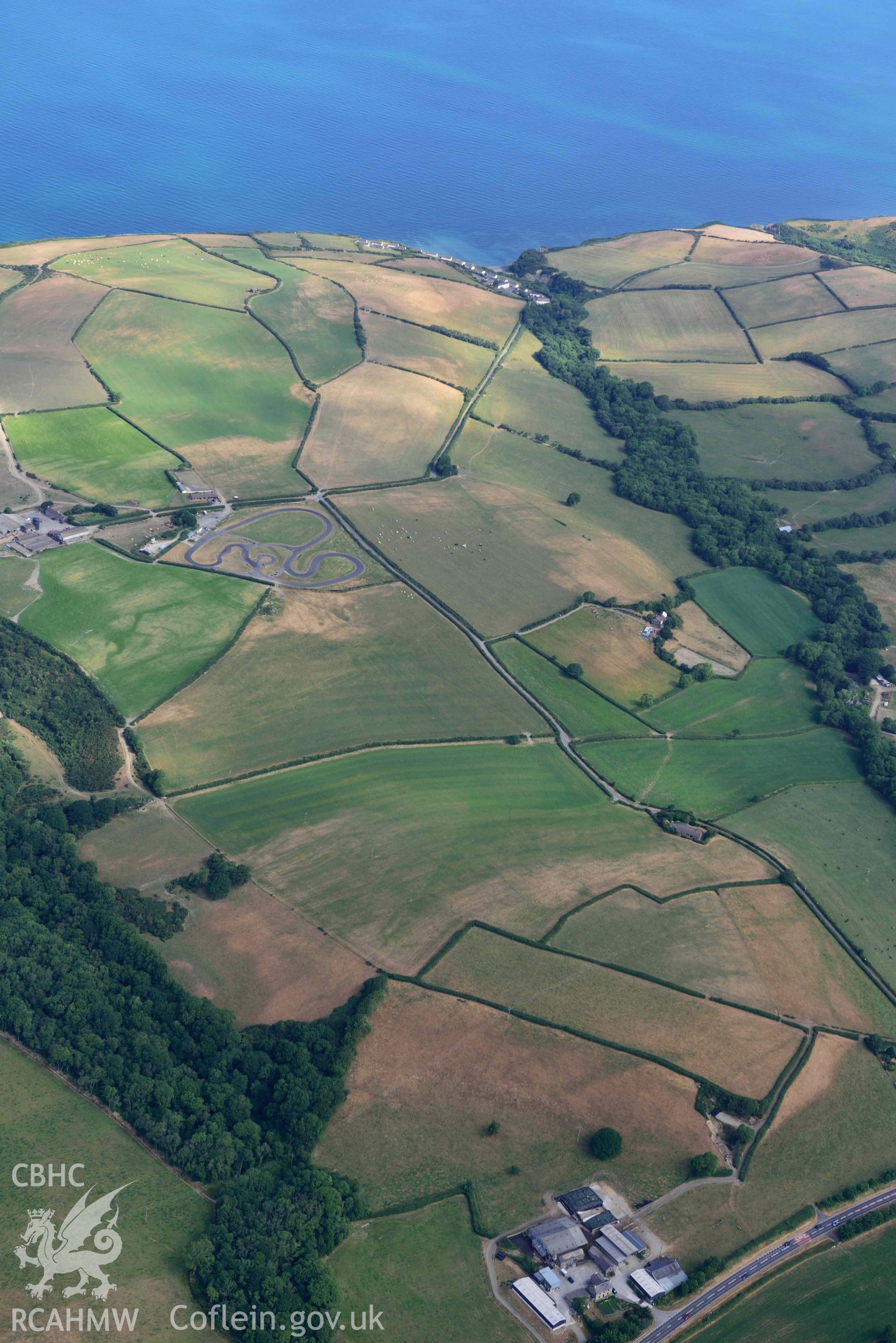 Aerial photograph: Cropmark enclosure, Capel Crist, Llwyncelyn. Crown: CHERISH PROJECT 2018. Produced with EU funds through the Ireland Wales Co-operation Programme 2014-2020 (NGR: SN434606)