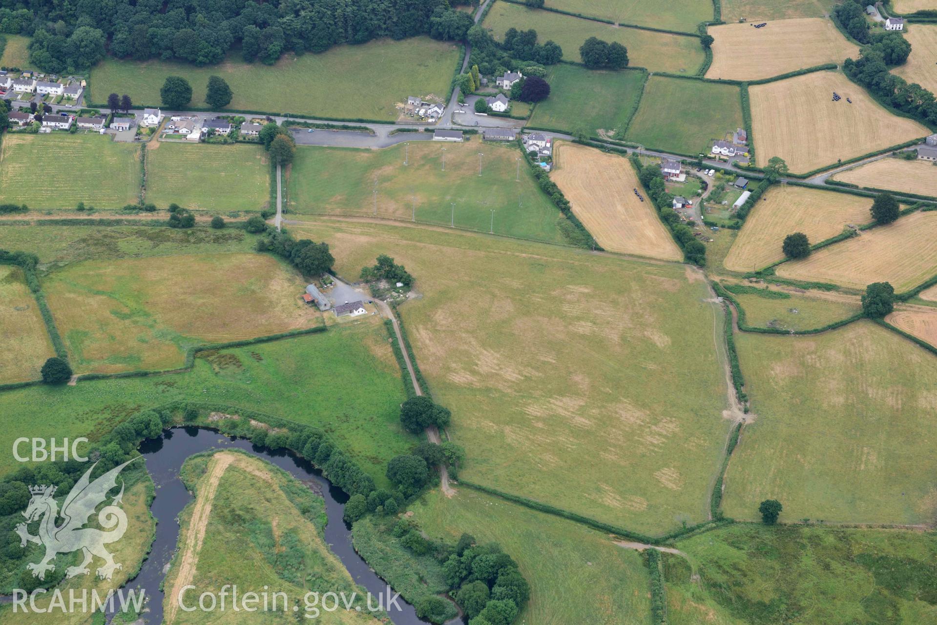 Aerial photograph: Beili-coch Cwmann, cropmark enclosure. Crown: CHERISH PROJECT 2018. Produced with EU funds through the Ireland Wales Co-operation Programme 2014-2020 (NGR SN575468)