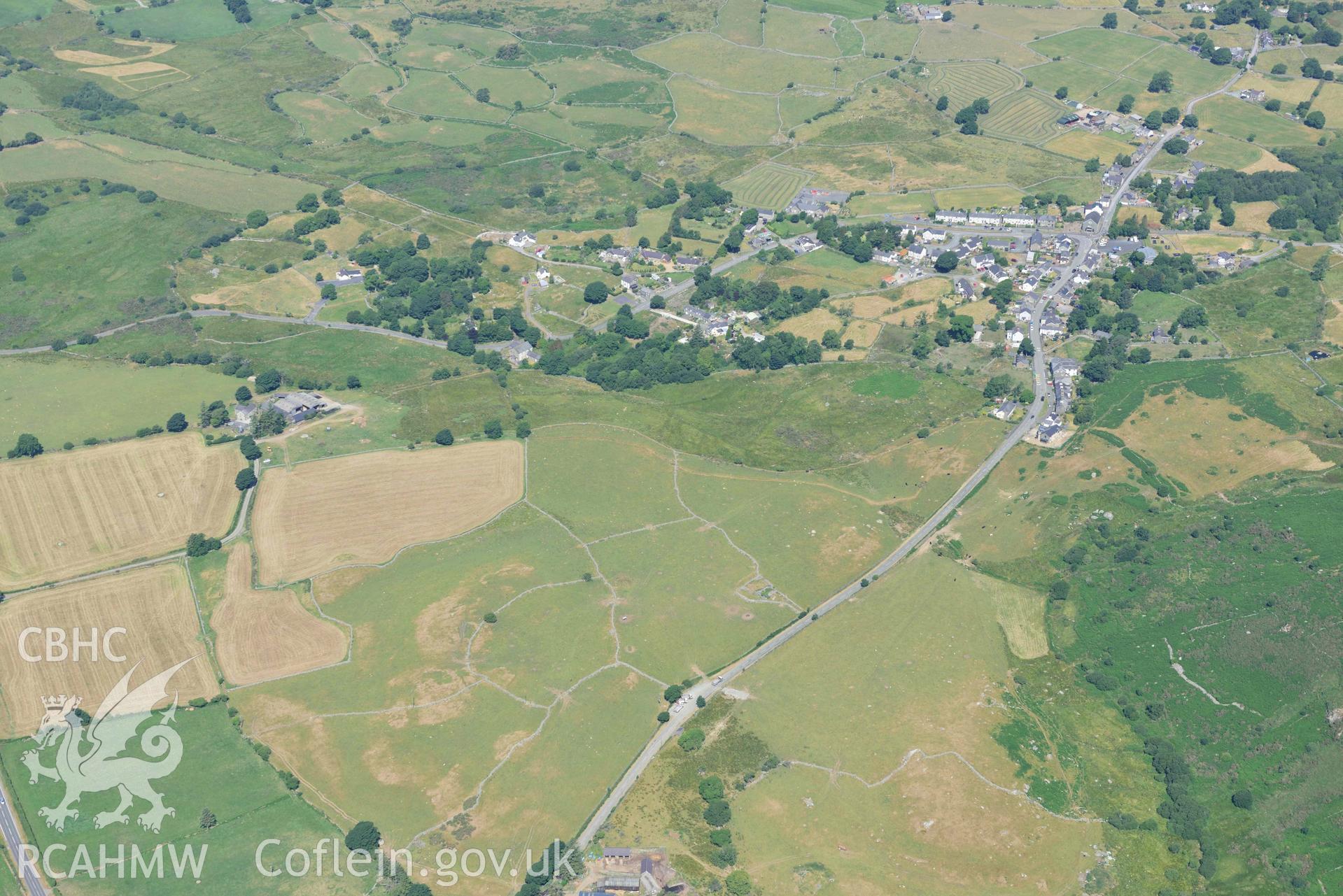 Aerial photograph: Garndolbenmaen village, from southeast. Crown: CHERISH PROJECT 2018. Produced with EU funds through the Ireland Wales Co-operation Programme 2014-2020 (NGR: SH498440)