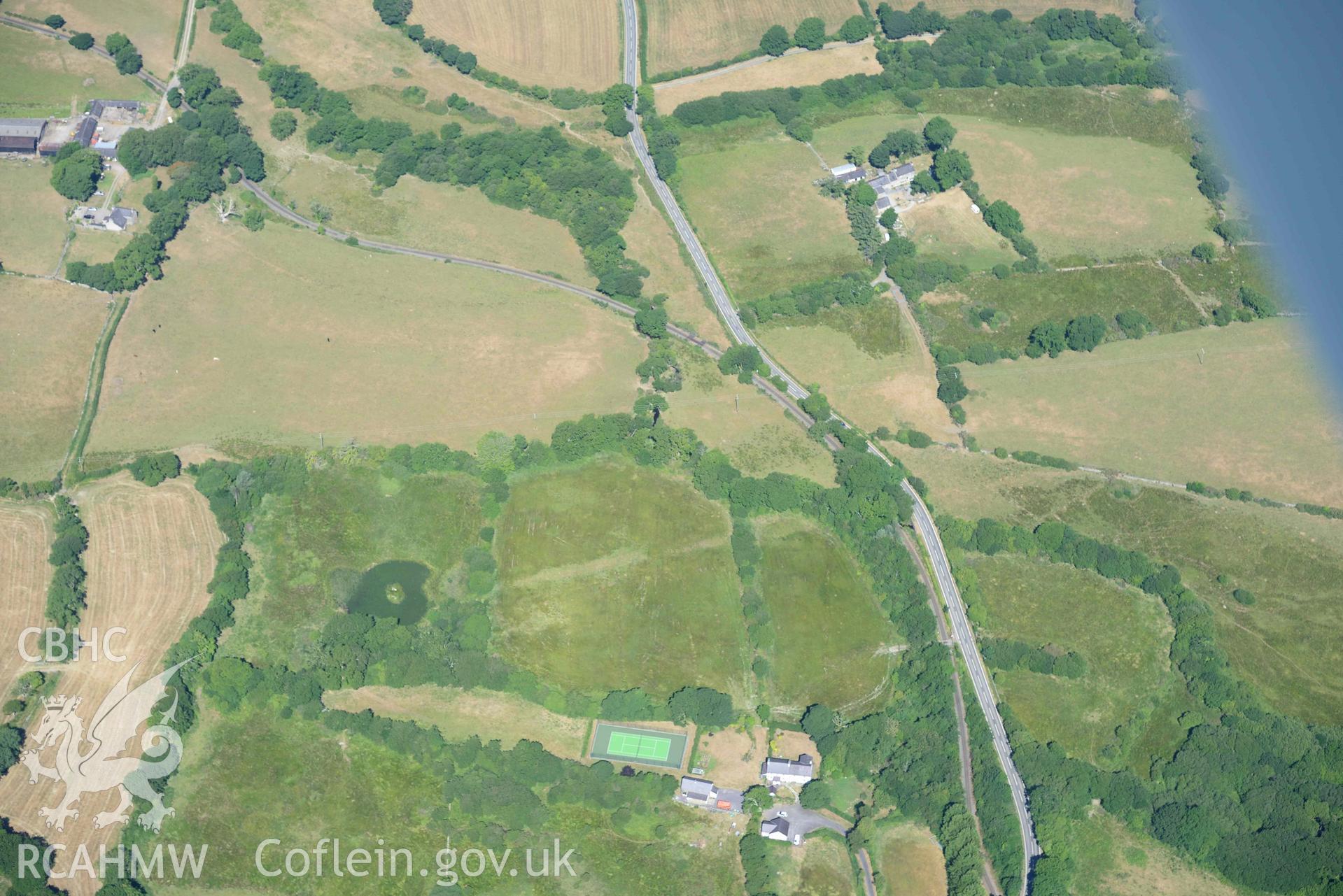 Aerial photograph: Roman road passing through Rhos Isaf. Parchmarks at Dolau Gwyn. Crown: CHERISH PROJECT 2018. Produced with EU funds through the Ireland Wales Co-operation Programme 2014-2020 (NGR: SH489586)