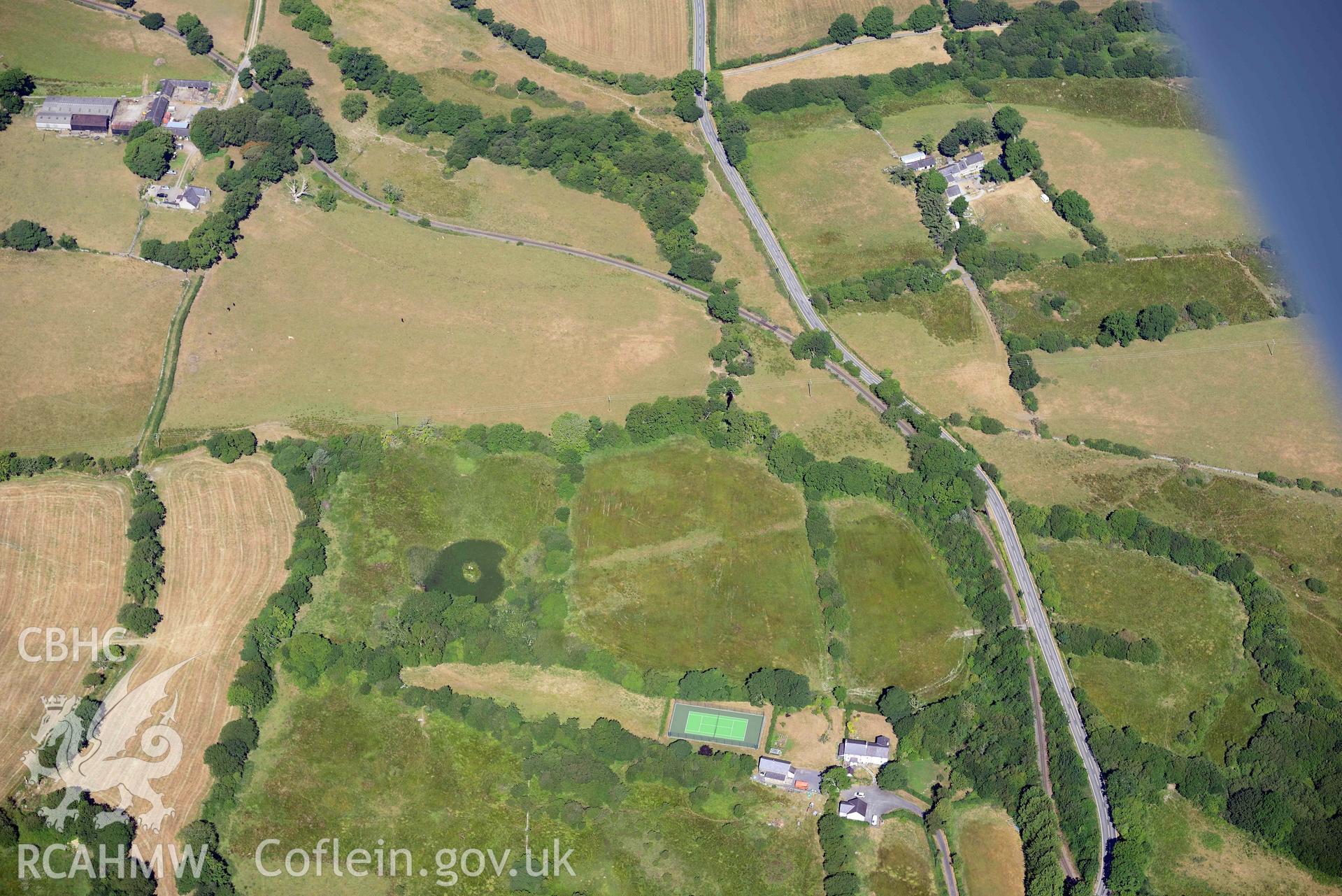 Aerial photograph: Roman road passing through Rhos Isaf. Parchmarks at Dolau Gwyn. Crown: CHERISH PROJECT 2018. Produced with EU funds through the Ireland Wales Co-operation Programme 2014-2020 (NGR: SH489586)