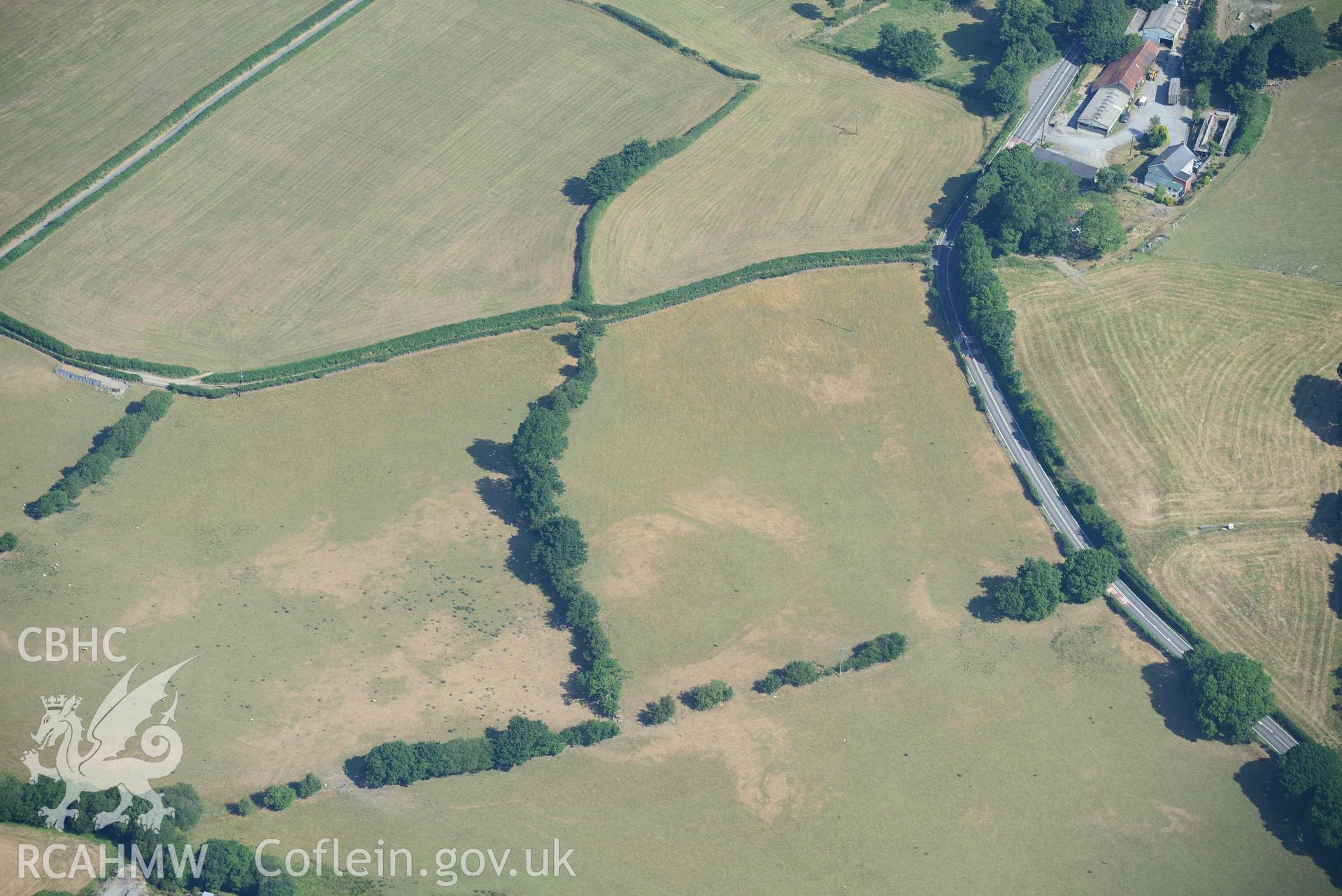 Aerial photograph: Erglodd Roman fortlet, cropmark. Crown: CHERISH PROJECT 2018. Produced with EU funds through the Ireland Wales Co-operation Programme 2014-2020 (NGR: SN652903)