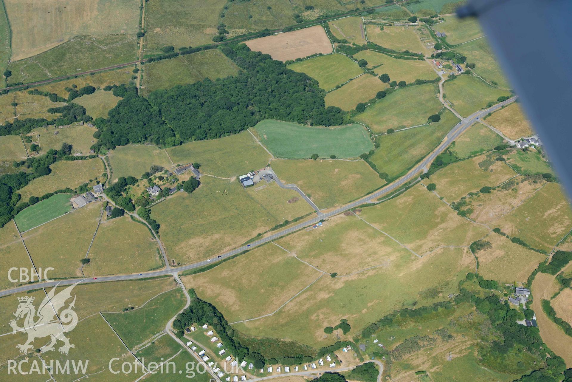 Aerial photograph: Tal-Treiddyn-fawr, garden with parchmarks of World War Two airfield buildings. Crown: CHERISH PROJECT 2018. Produced with EU funds through the Ireland Wales Co-operation Programme 2014-2020 (NGR: SH582256)