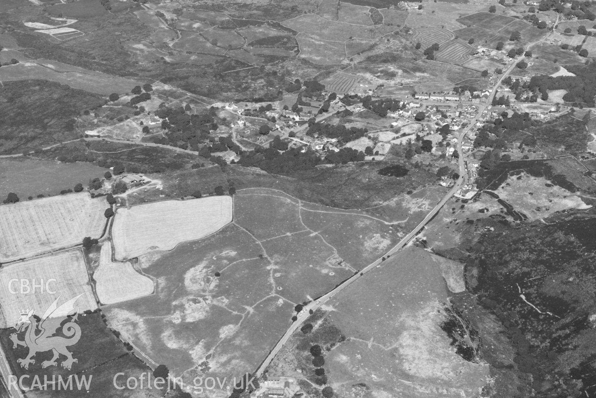 Aerial photograph: Garndolbenmaen village, from southeast. Crown: CHERISH PROJECT 2018. Produced with EU funds through the Ireland Wales Co-operation Programme 2014-2020 (NGR: SH498440)