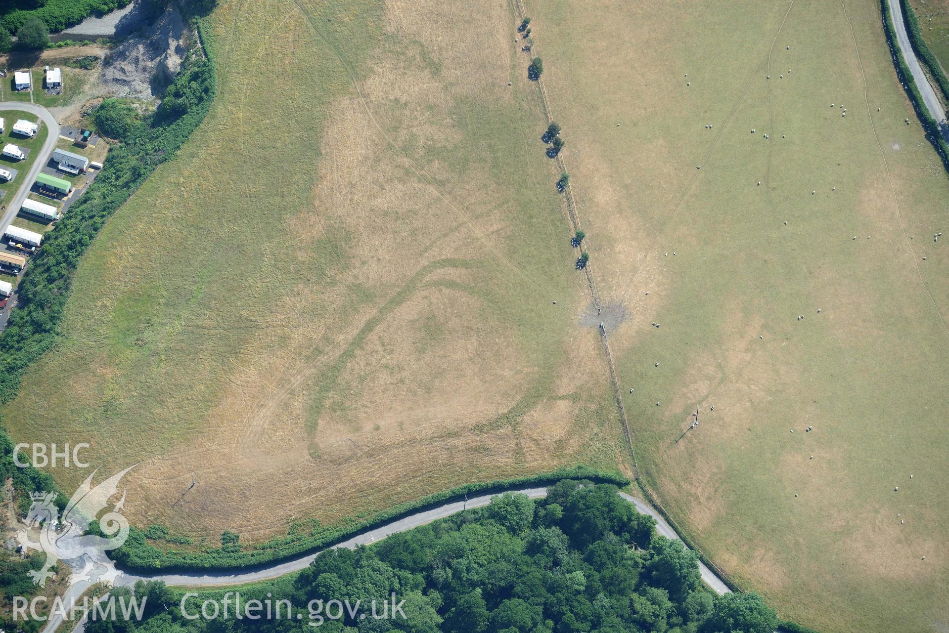 Aerial photograph: Glan Fred defended enclosure. Crown: CHERISH PROJECT 2018. Produced with EU funds through the Ireland Wales Co-operation Programme 2014-2020 (NGR: SN634878)