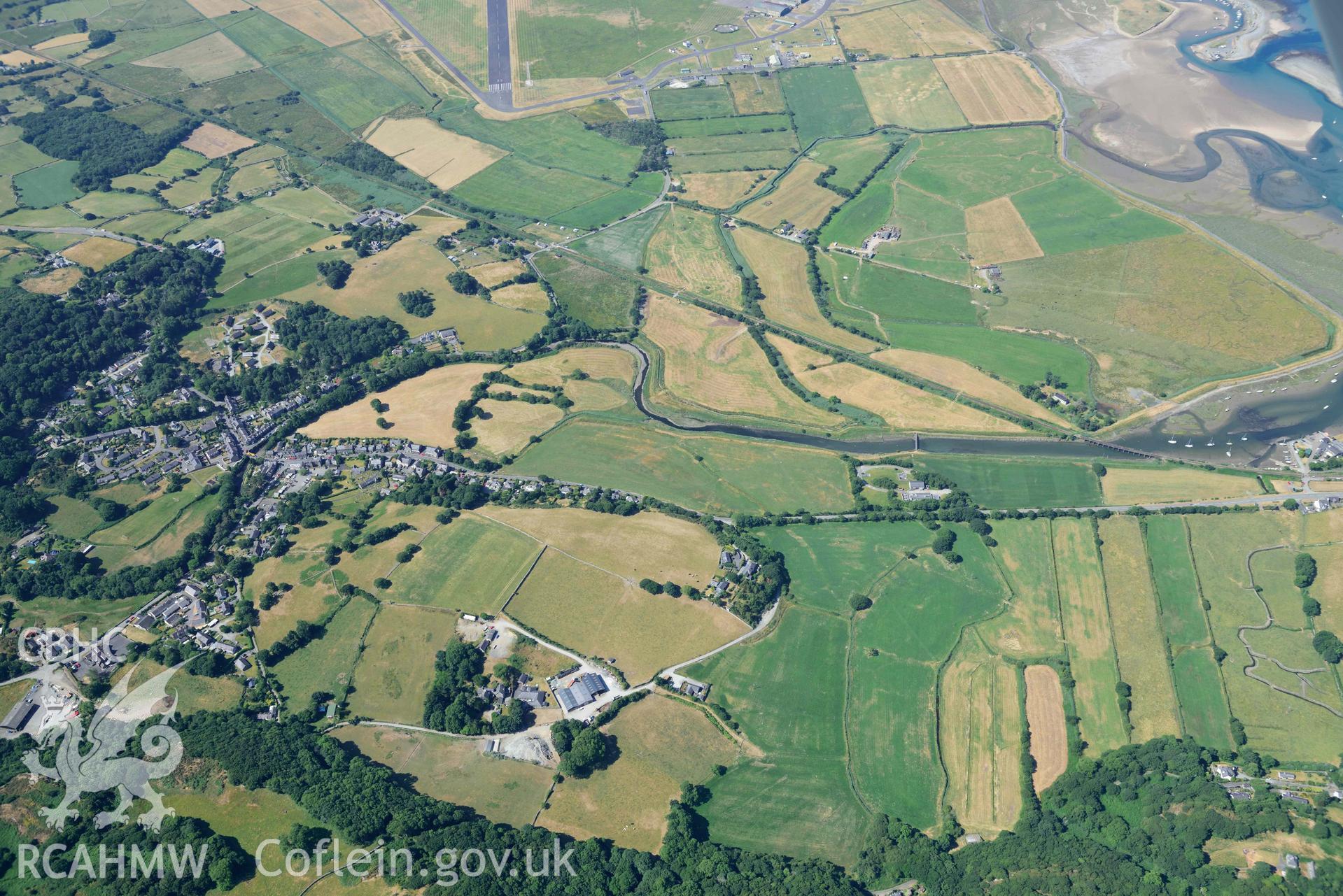 Aerial photograph: Llanbedr, landscape from northeast. Crown: CHERISH PROJECT 2018. Produced with EU funds through the Ireland Wales Co-operation Programme 2014-2020 (NGR: SH585268)