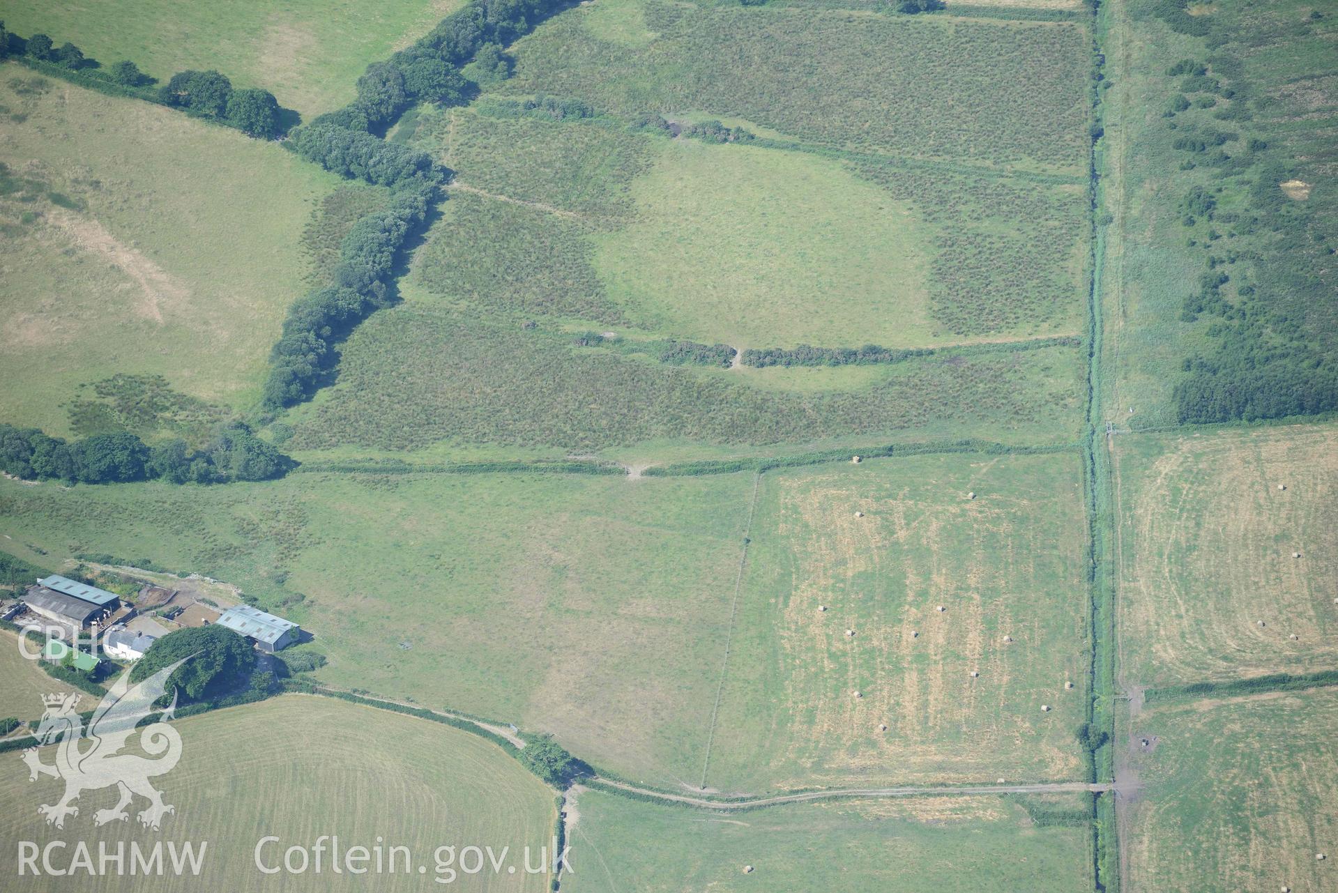 Aerial photograph: Ynyscapel defended enclosure cropmark. Crown: CHERISH PROJECT 2018. Produced with EU funds through the Ireland Wales Co-operation Programme 2014-2020 (NGR: SN643905)