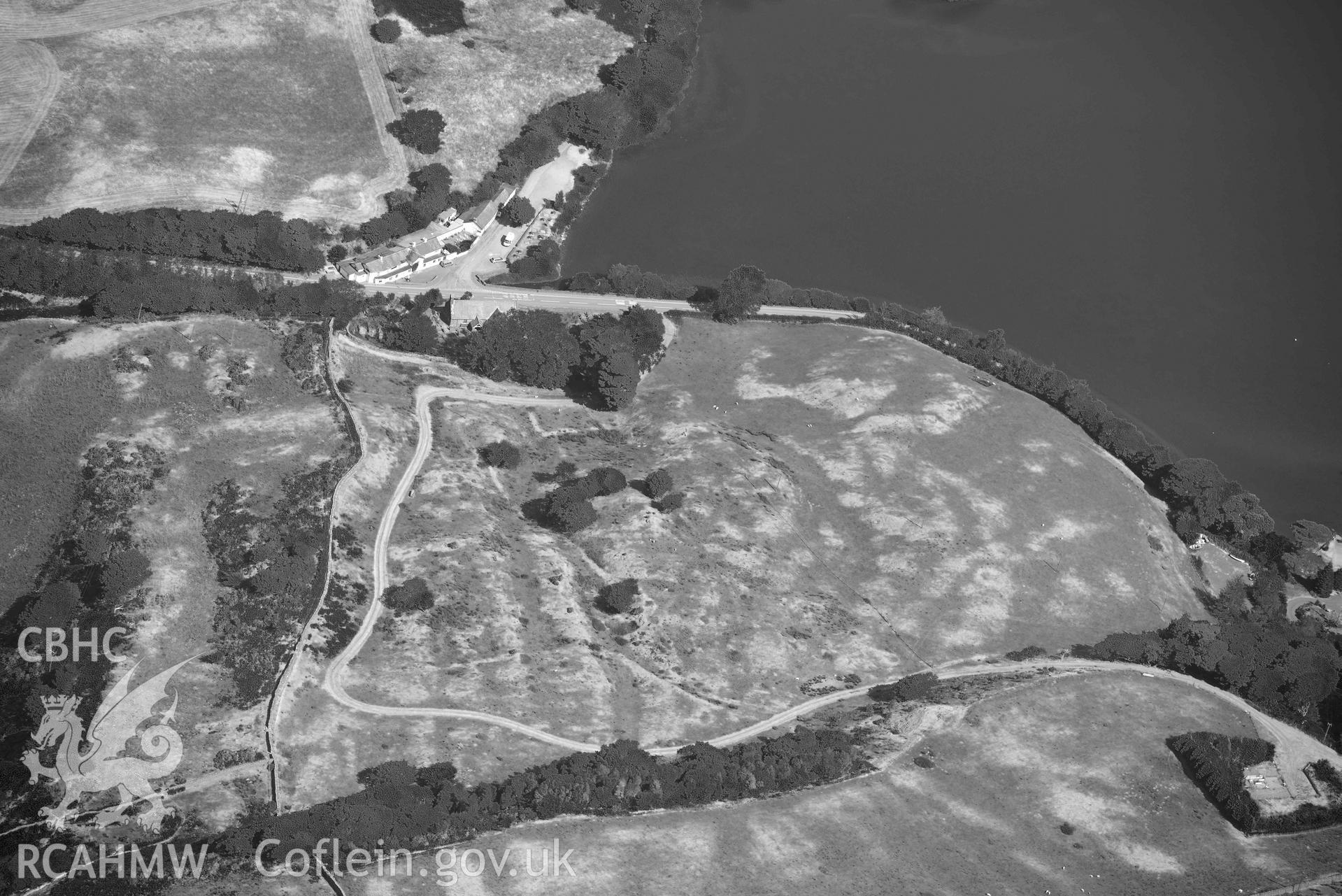 Aerial photograph: Tal y llyn enclosure or Roman fortlet. Crown: CHERISH PROJECT 2018. Produced with EU funds through the Ireland Wales Co-operation Programme 2014-2020 (NGR: SH711094)