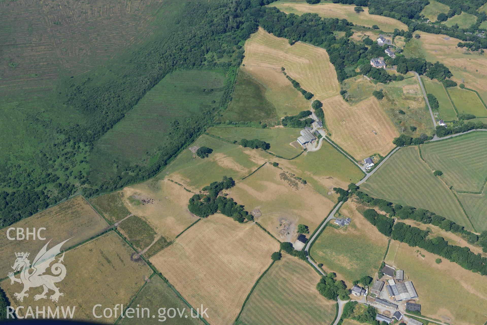 Aerial photograph: Parchmarks at Gelli, Llangynfelin, view from east. Crown: CHERISH PROJECT 2018. Produced with EU funds through the Ireland Wales Co-operation Programme 2014-2020 (NGR: SN647916)