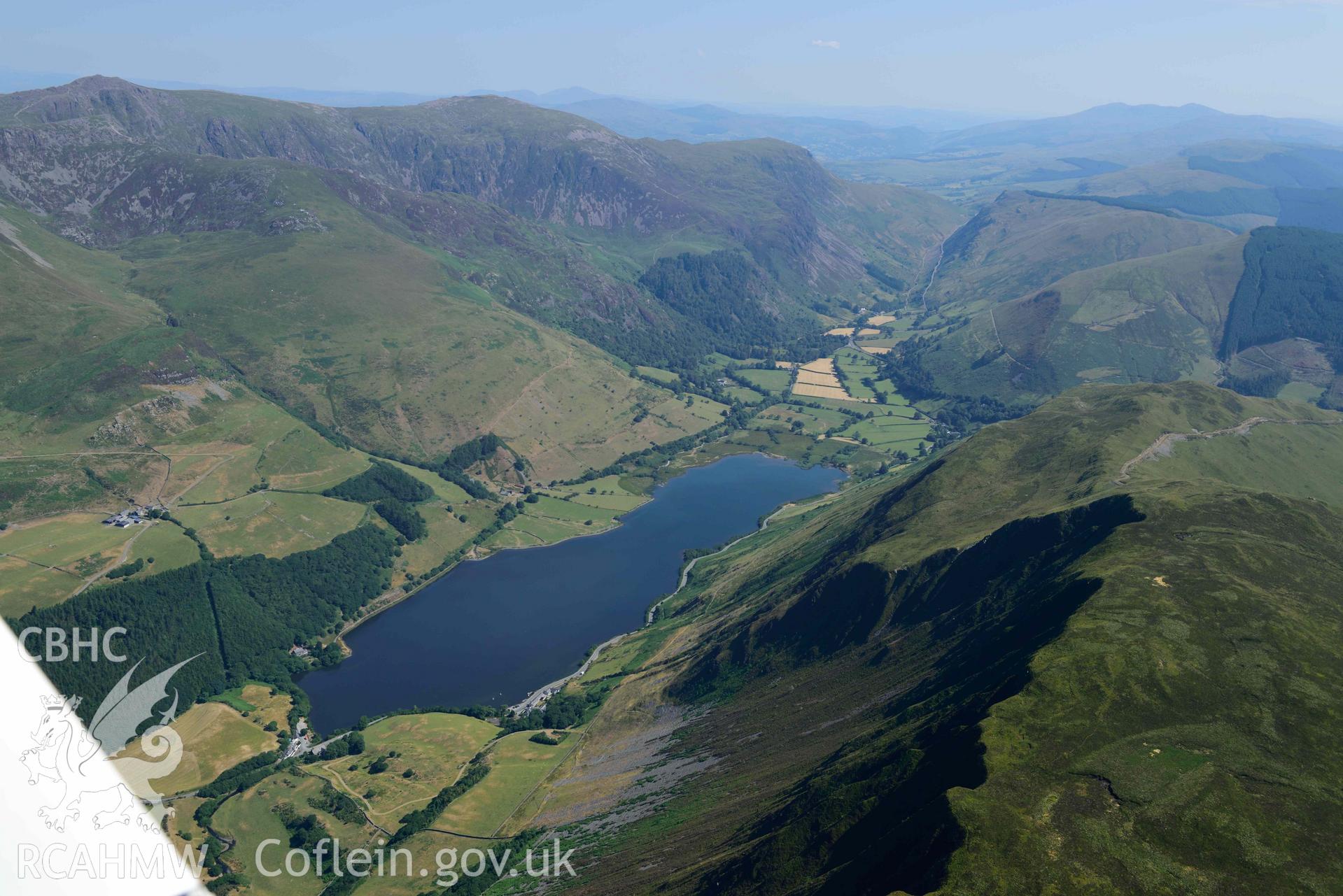 Aerial photograph: Tal-y-llyn Lake, view from southwest. Crown: CHERISH PROJECT 2018. Produced with EU funds through the Ireland Wales Co-operation Programme 2014-2020 (NGR: SH713096)