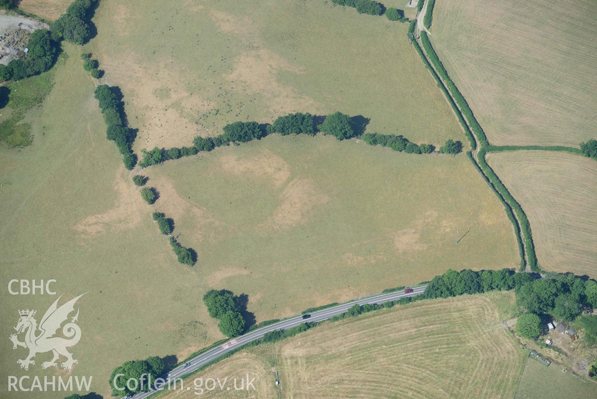 Aerial photograph: Erglodd Roman fortlet, cropmark. Crown: CHERISH PROJECT 2018. Produced with EU funds through the Ireland Wales Co-operation Programme 2014-2020 (NGR: SN652903)