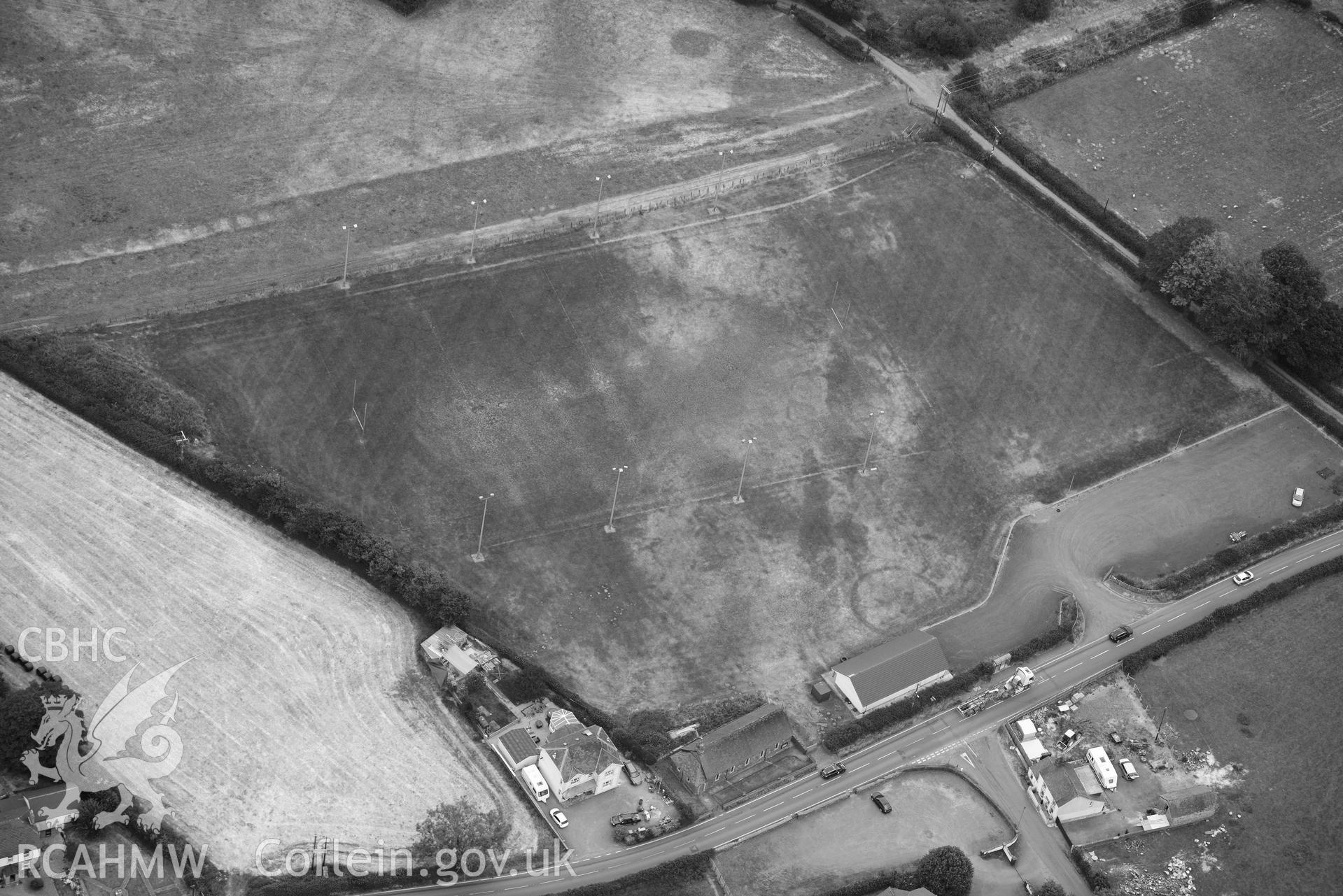 Aerial photograph: Cwmann, Lampeter Rugby Club ring ditch. Crown: CHERISH PROJECT 2018. Produced with EU funds through the Ireland Wales Co-operation Programme 2014-2020 (NGR SN577466)