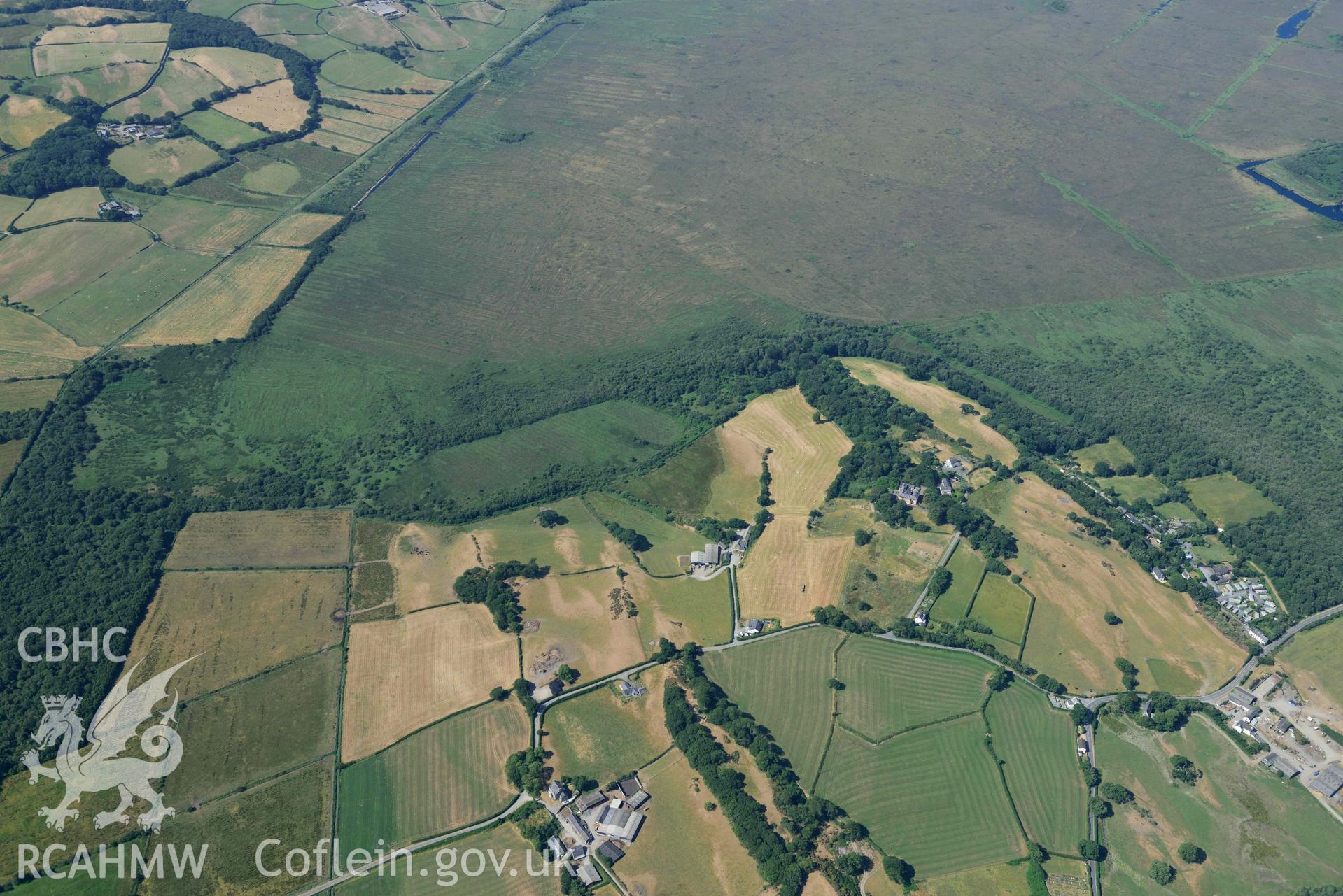 Aerial photograph: Parchmarks at Gelli, Llangynfelin; wide panorama from northeast, documenting landscape parchmarks. Crown: CHERISH PROJECT 2018. Produced with EU funds through the Ireland Wales Co-operation Programme 2014-2020 (NGR: SN647916)