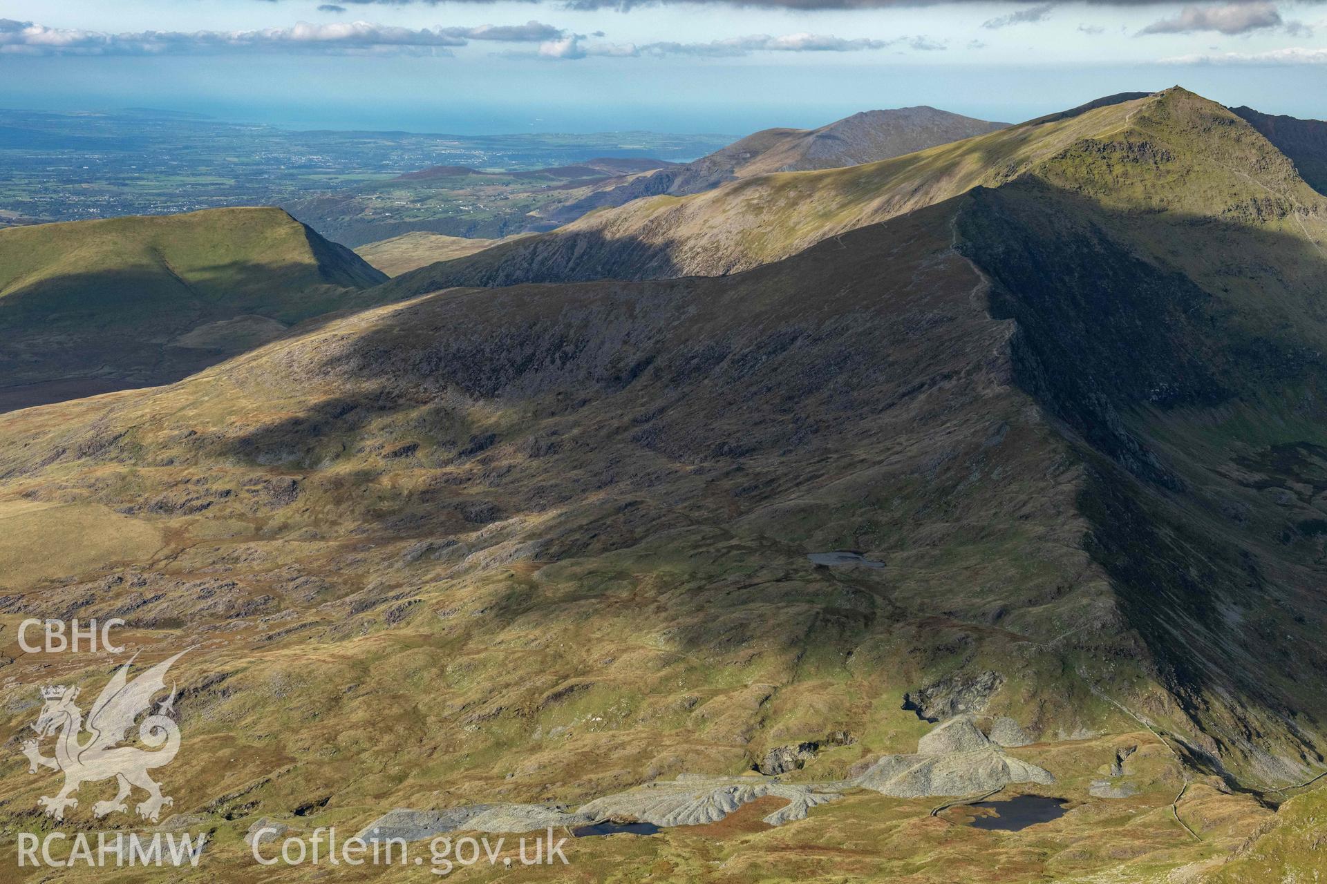 Bwlch Cwmllan slate quarry, landscape view from south with Y Wyddfa/Snowdon beyond