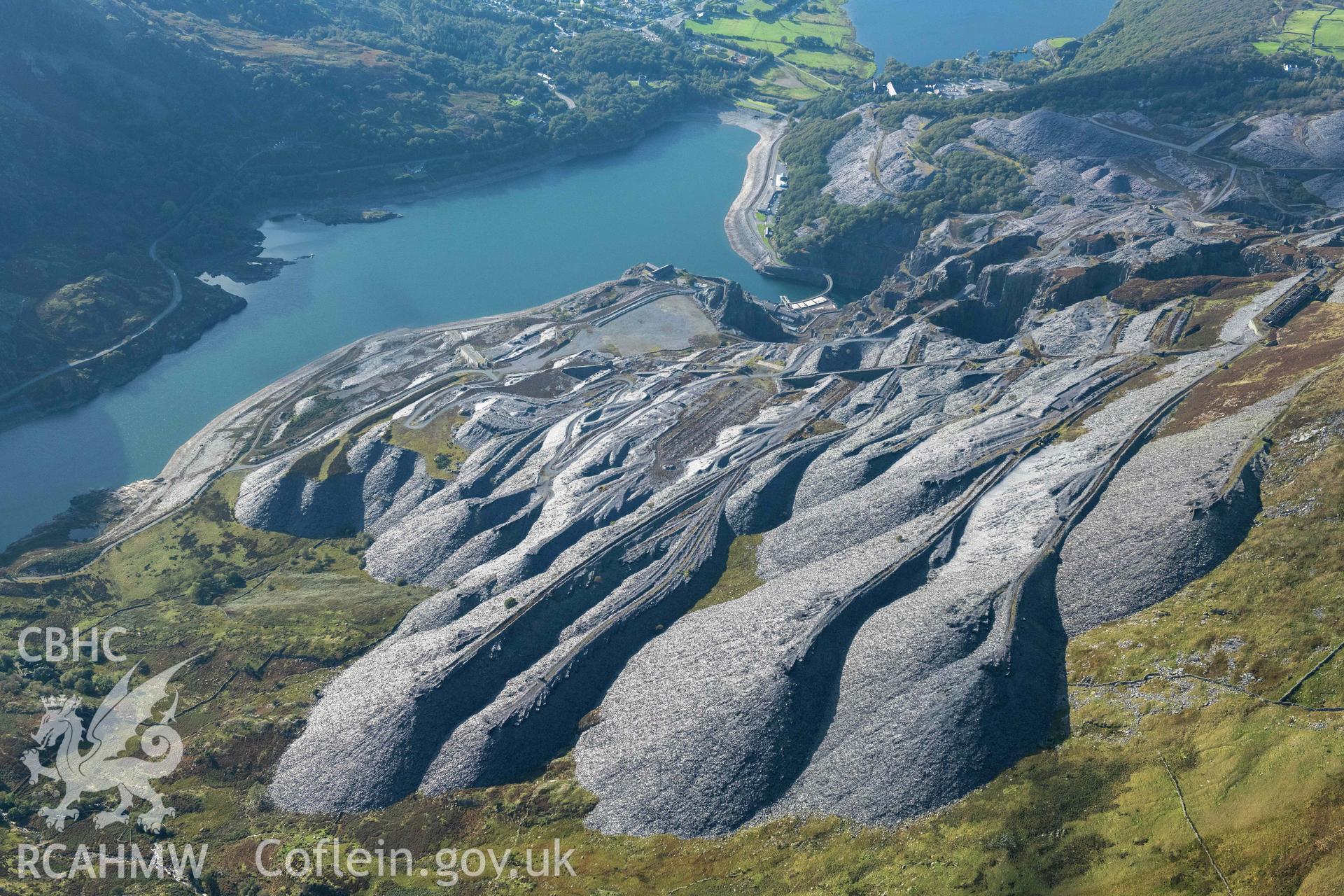 Dinorwic Slate Quarry, wide view from south-east showing ends of tips, and Llyn Peris