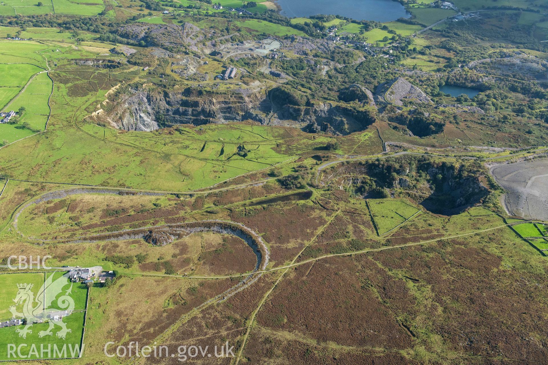 Pen yr Orsedd slate quarry, view from north-west with tramway embankment