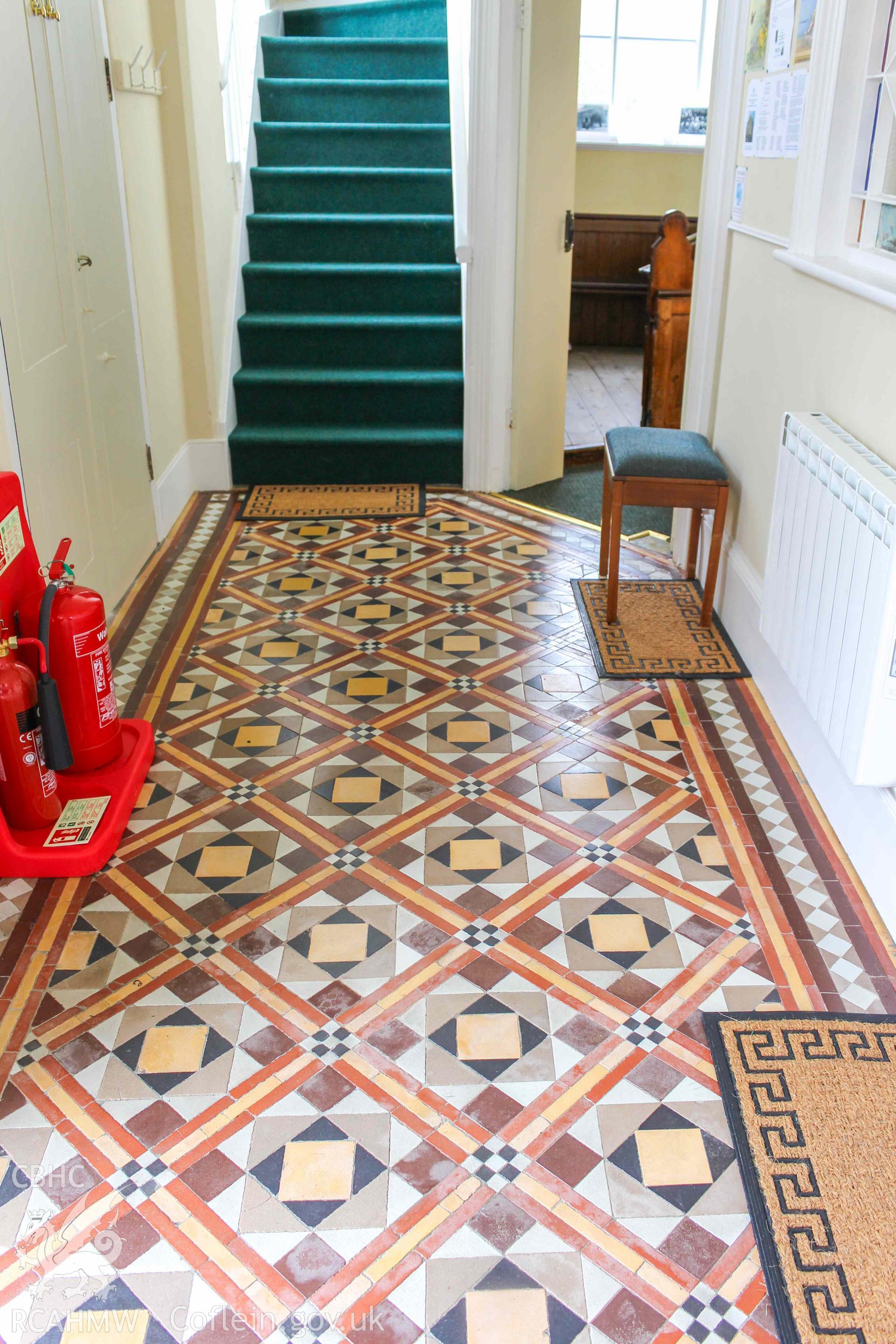 Hen Gapel - View of the mosaic flooring in the foyer, taken from North-East