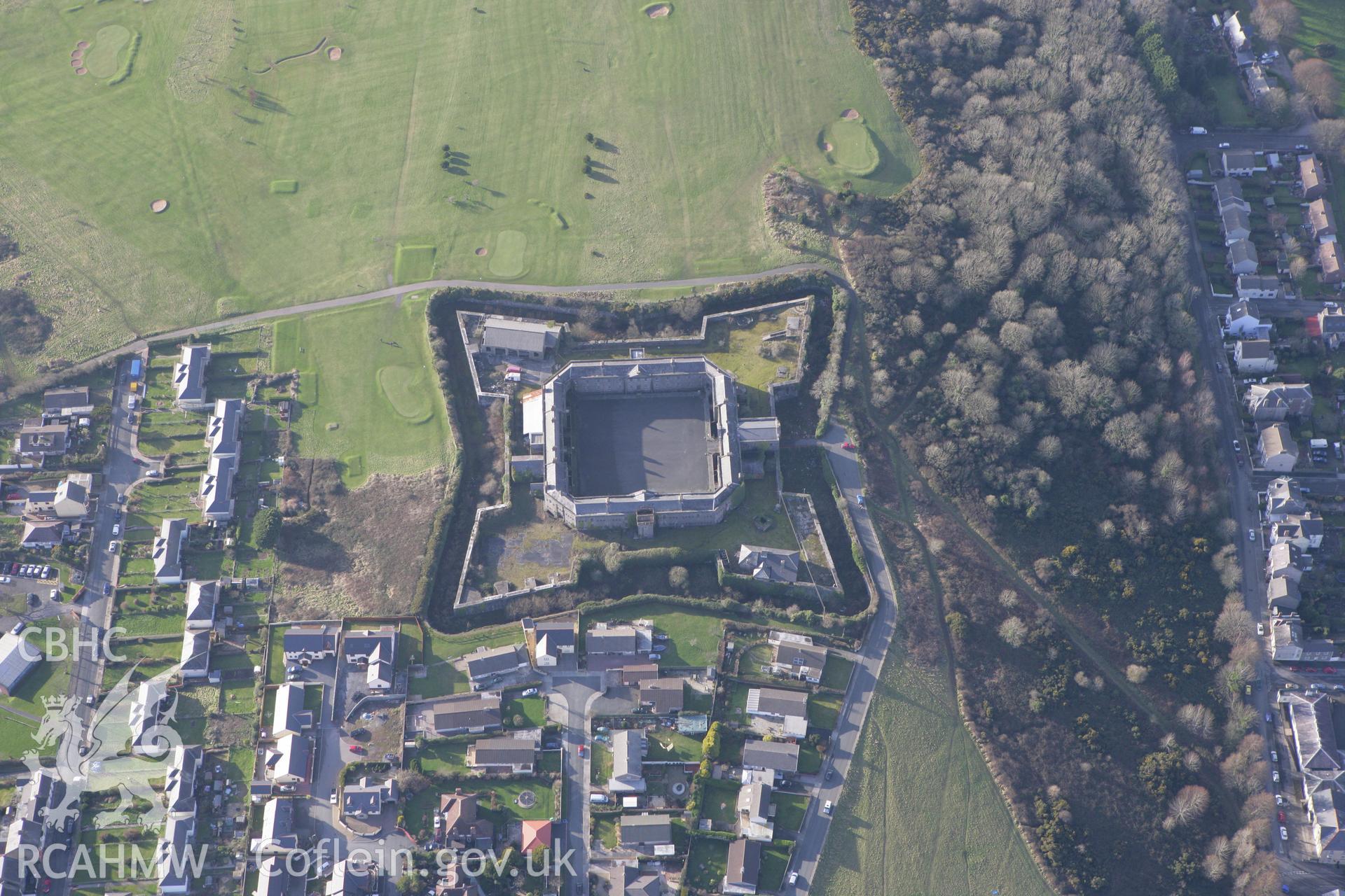 RCAHMW colour oblique photograph of Former Defensible Barracks, Pembroke dock. Taken by Toby Driver on 11/02/2009.