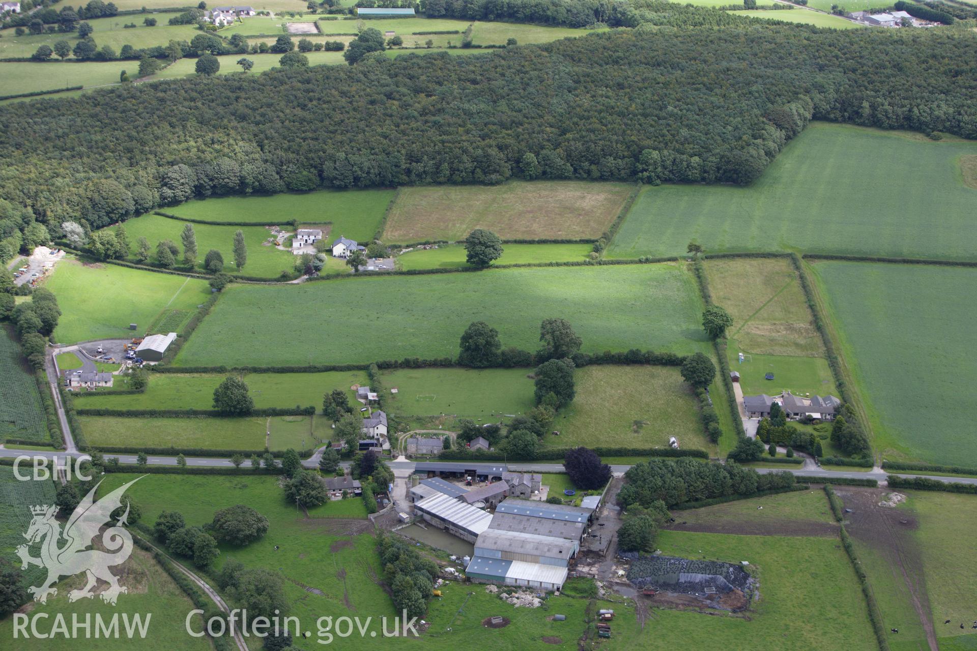 RCAHMW colour oblique aerial photograph of a section of Offa's Dyke, or Whitford Dyke, from Rhydwen-Fach to Coed Pen-y-Gelli. Taken on 30 July 2009 by Toby Driver