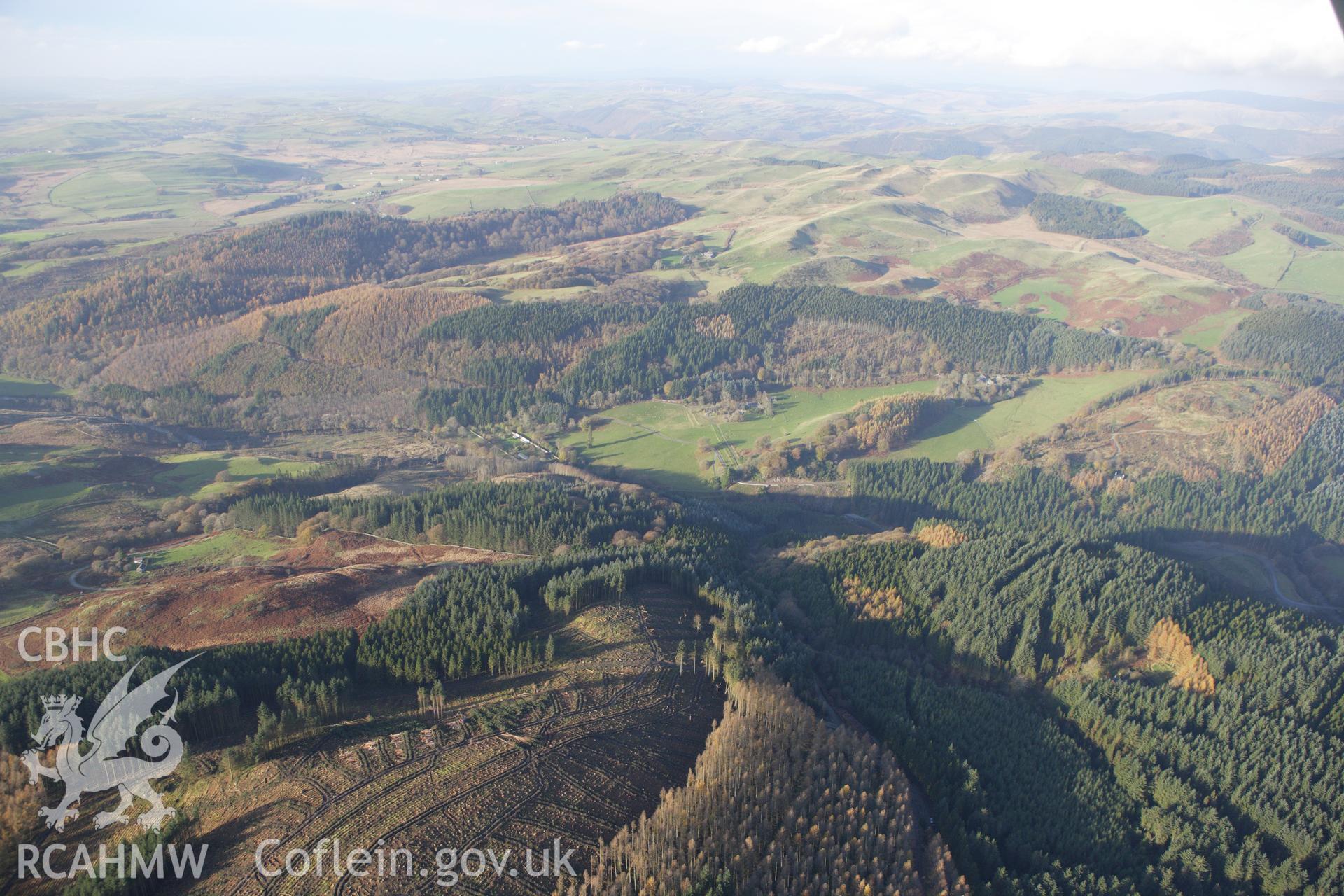 RCAHMW colour oblique aerial photograph of Hafod Uchtryd Gardens, Pontrhydygroes. Taken on 09 November 2009 by Toby Driver