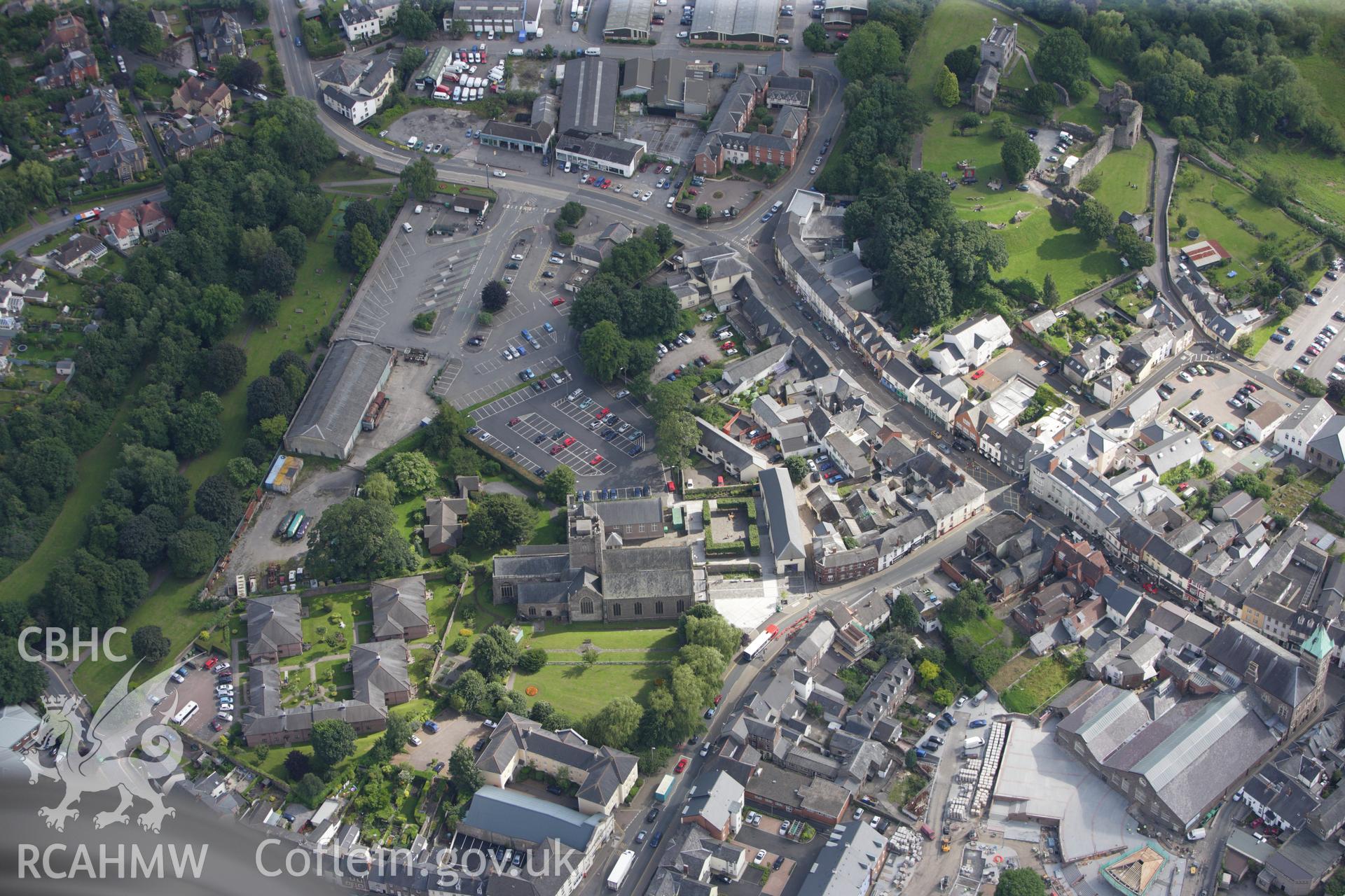 RCAHMW colour oblique aerial photograph of St Mary's Priory (Benedictine), Abergavenny. Taken on 23 July 2009 by Toby Driver