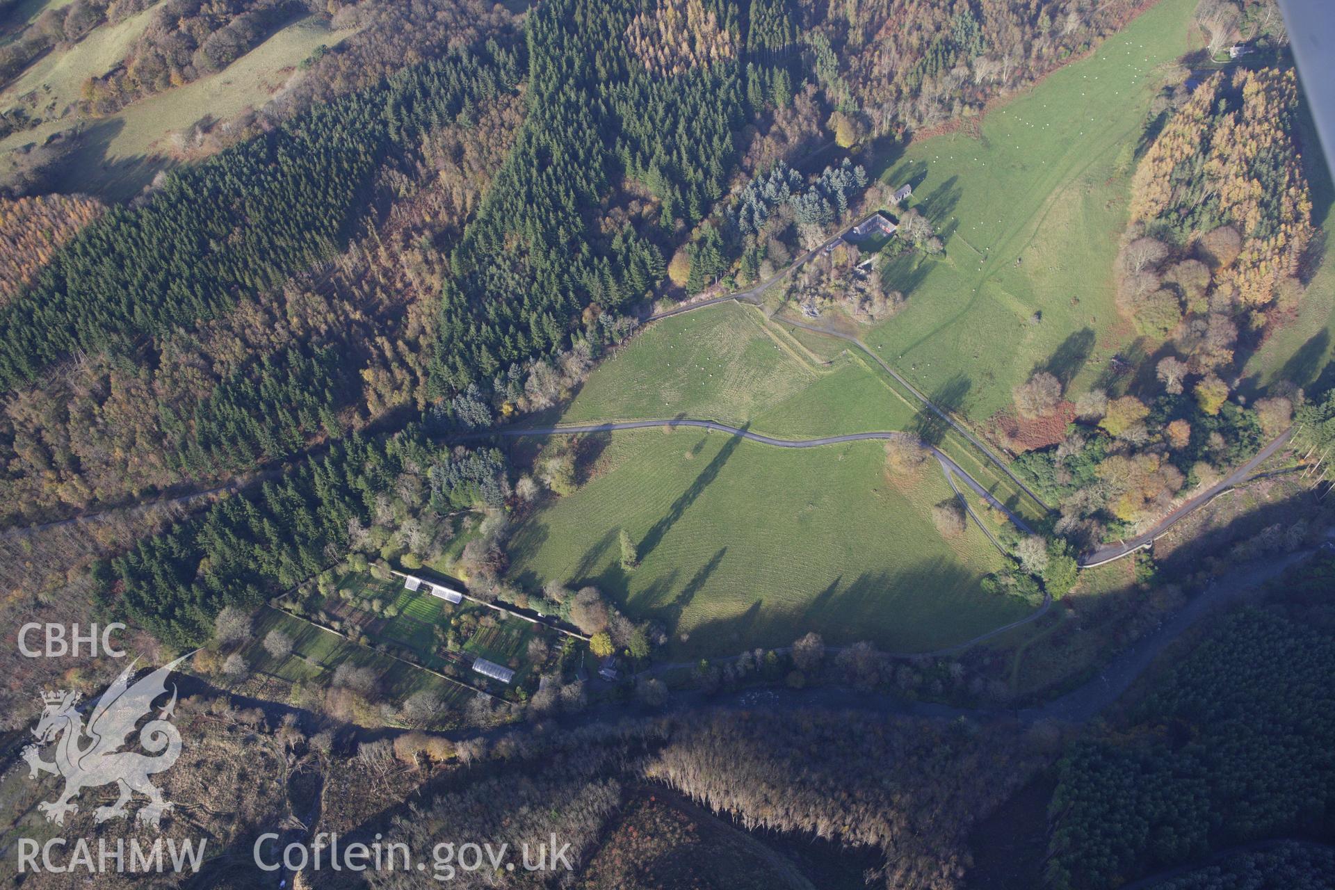 RCAHMW colour oblique aerial photograph of Hafod Uchtryd Gardens, Pontrhydygroes. Taken on 09 November 2009 by Toby Driver