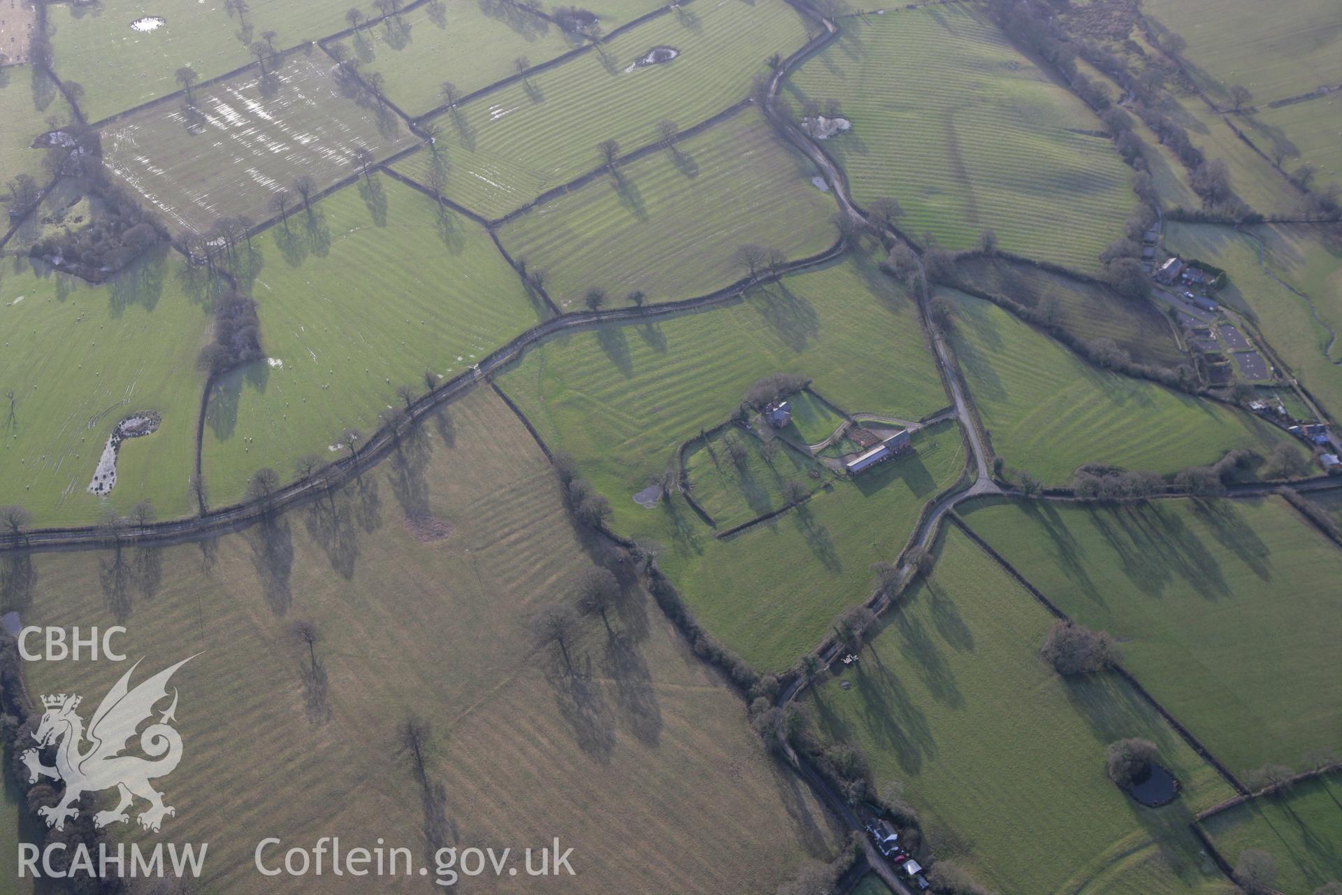 RCAHMW colour oblique photograph of ridge and furrow cultivation features, Peartree Farm. Taken by Toby Driver on 21/01/2009.