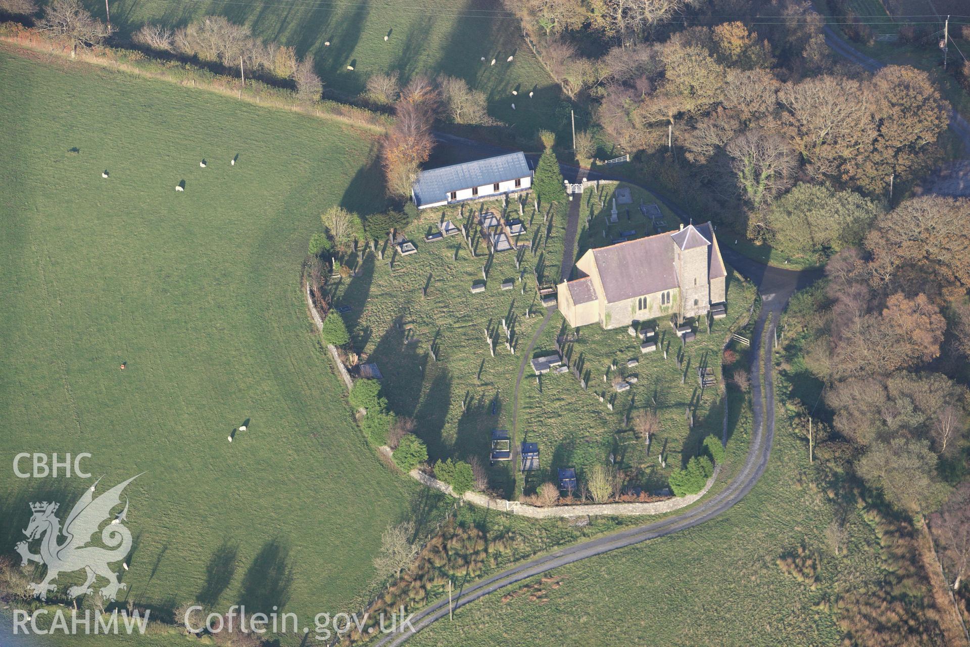 RCAHMW colour oblique aerial photograph of Gwnnws Church, Tynygraig. Taken on 09 November 2009 by Toby Driver