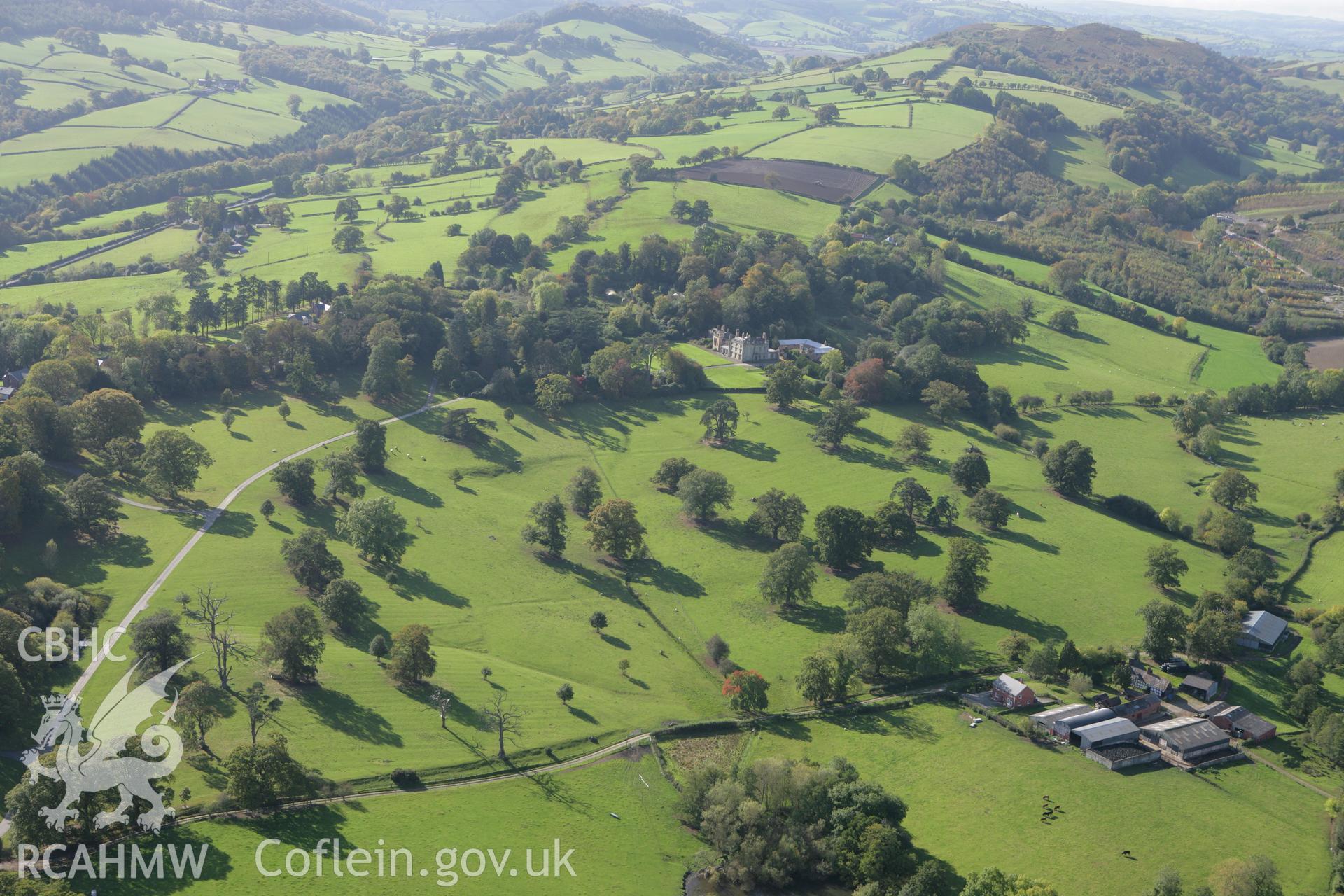 RCAHMW colour oblique aerial photograph of Llanerchydol Hall, Welshpool. Taken on 13 October 2009 by Toby Driver