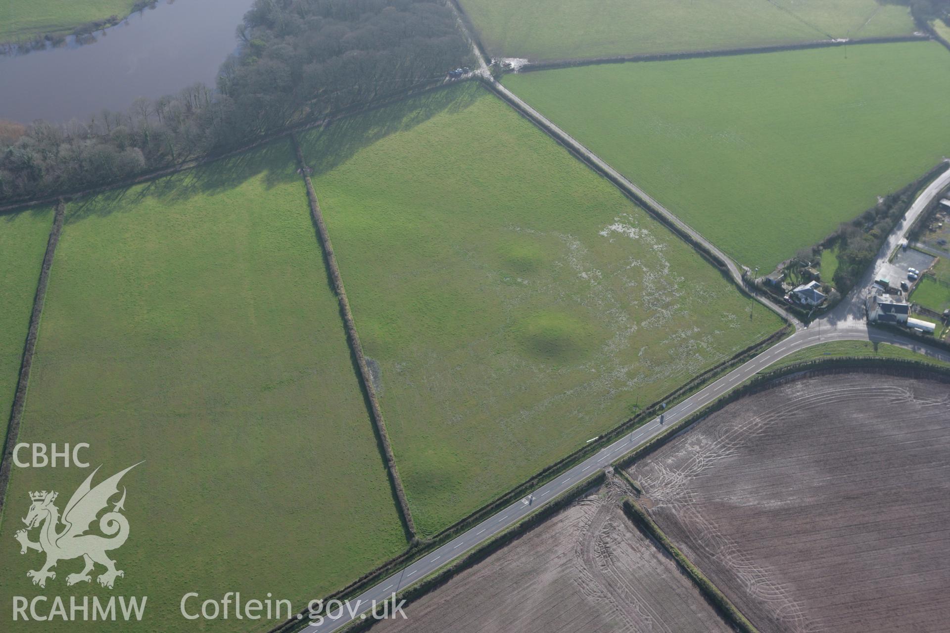 RCAHMW colour oblique aerial photograph of Dry Burrows Barrow Group near Hundleton. Taken on 28 January 2009 by Toby Driver