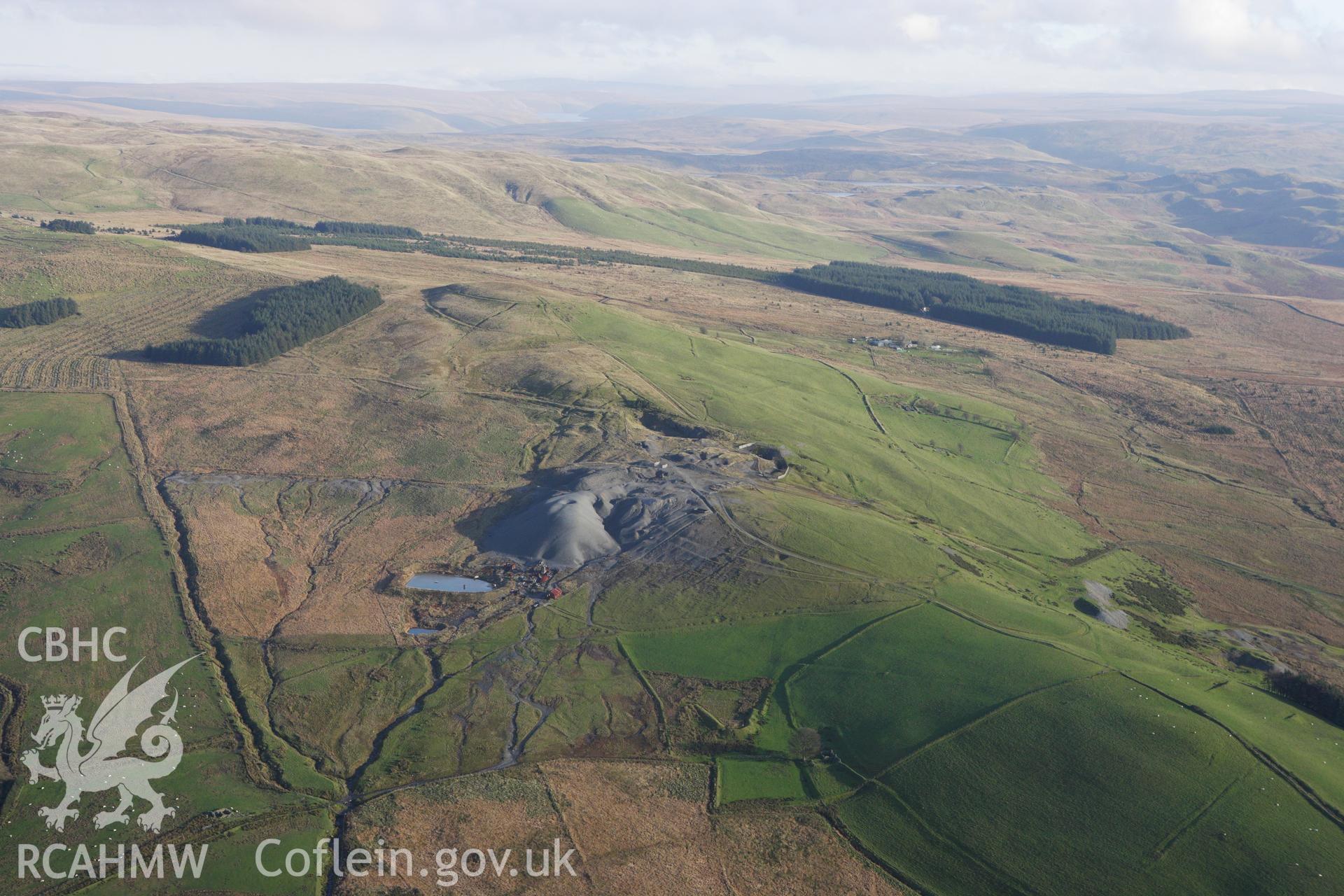 RCAHMW colour oblique aerial photograph of mine workings at Esgairmwyn Lead Mine. Taken on 09 November 2009 by Toby Driver