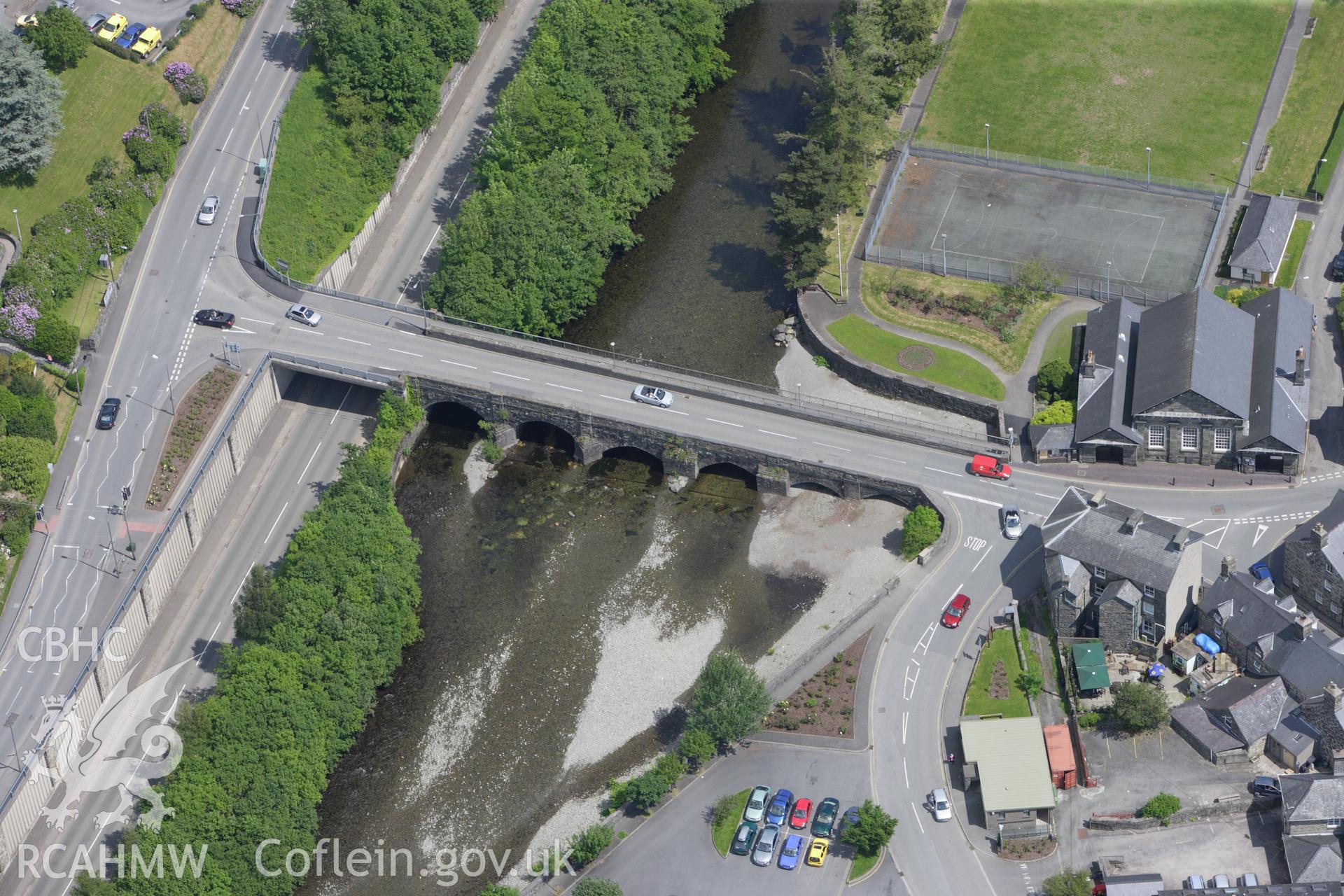 RCAHMW colour oblique aerial photograph of Dolgellau Bridge. Taken on 02 June 2009 by Toby Driver