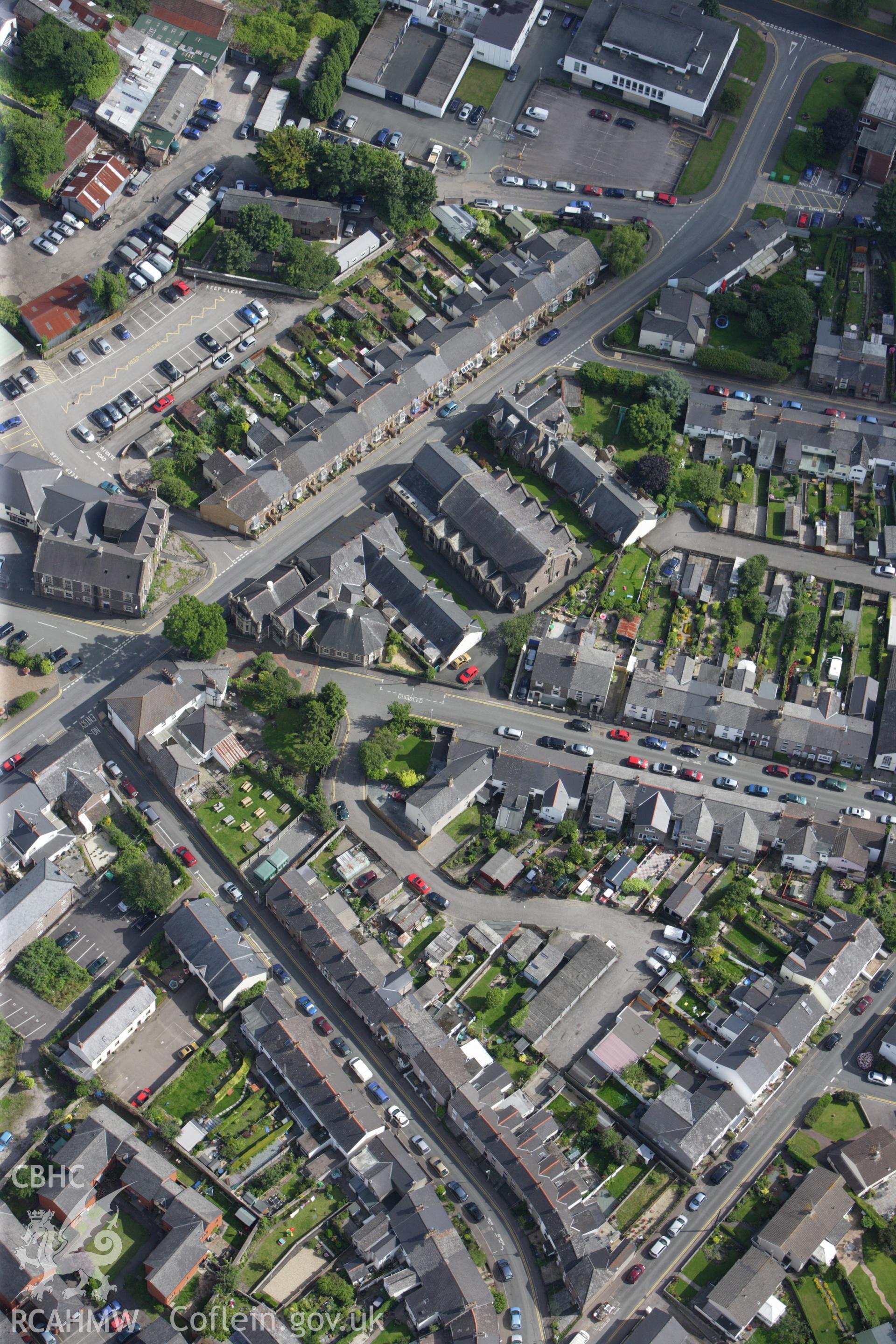 RCAHMW colour oblique aerial photograph of Holy Trinity, Baker Street, Abergavenny. Taken on 23 July 2009 by Toby Driver