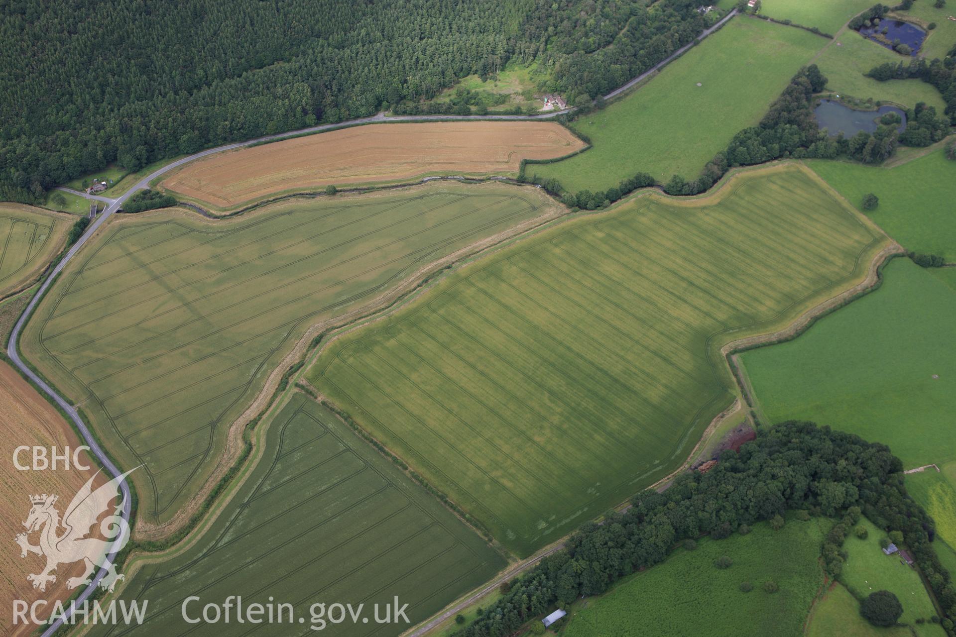 RCAHMW colour oblique aerial photograph of Ditchyeld Bridge Defended Enclosure. Taken on 23 July 2009 by Toby Driver