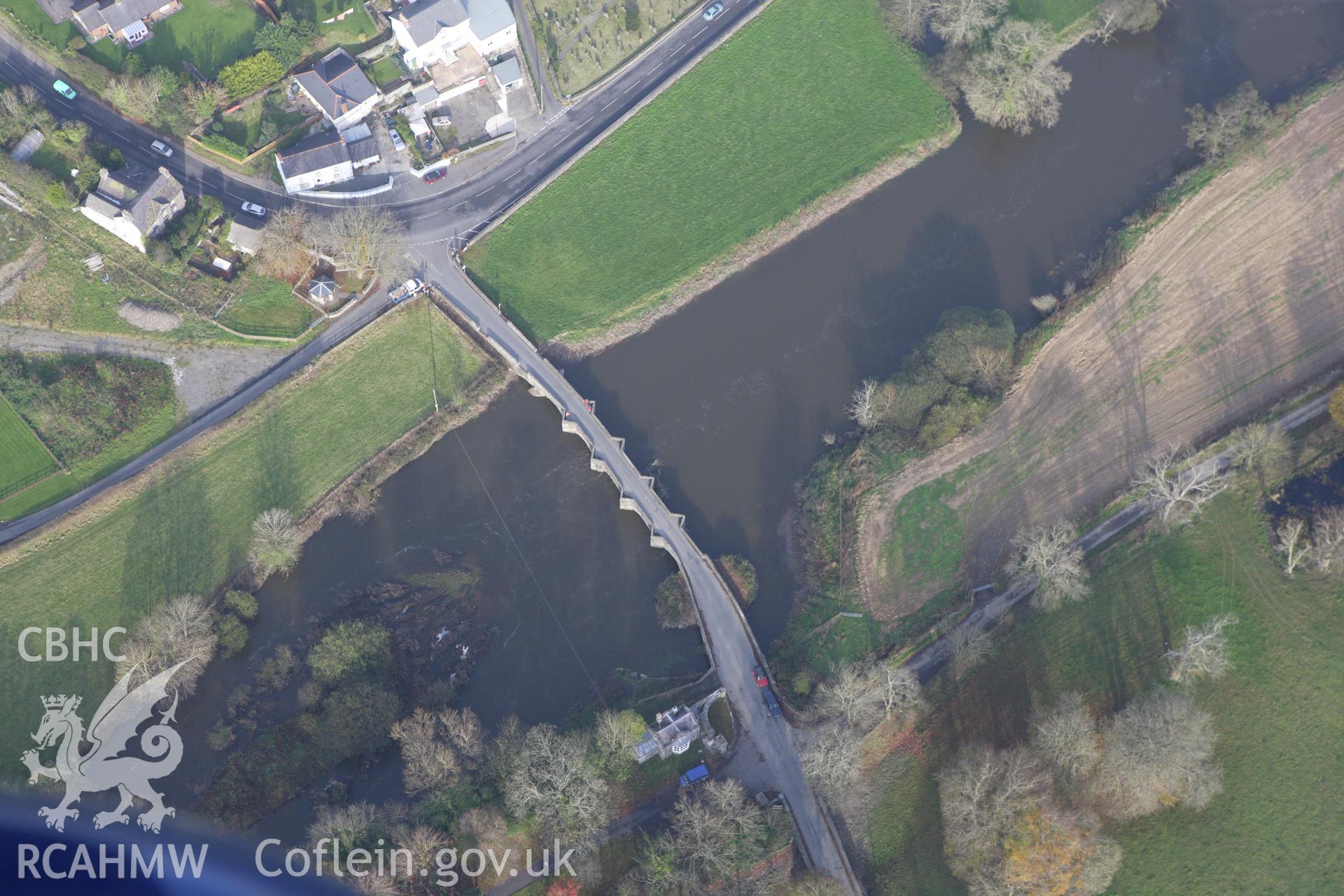 RCAHMW colour oblique aerial photograph of Llechryd Bridge, Llechryd. Taken on 09 November 2009 by Toby Driver